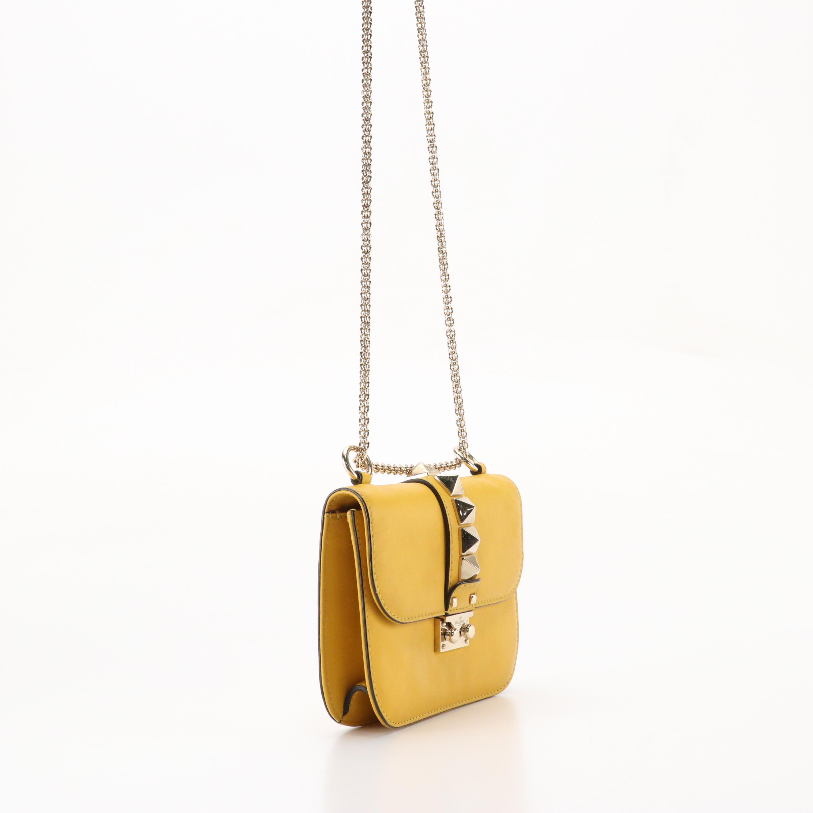 Valentino Garavani Rock Stud Flap Chain Bag in Mustard Yellow Calfskin Leather