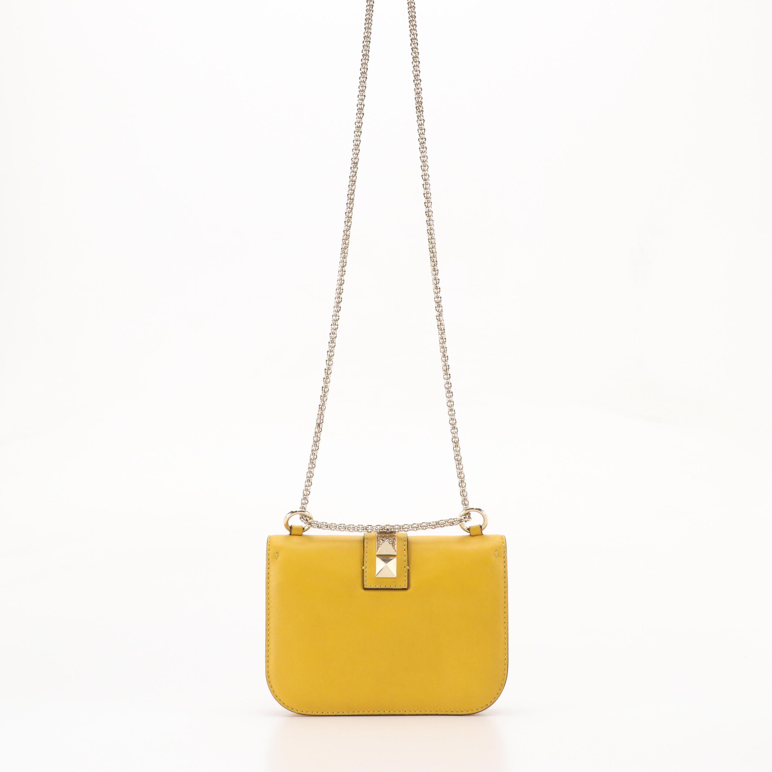 Valentino Garavani Rock Stud Flap Chain Bag in Mustard Yellow Calfskin Leather
