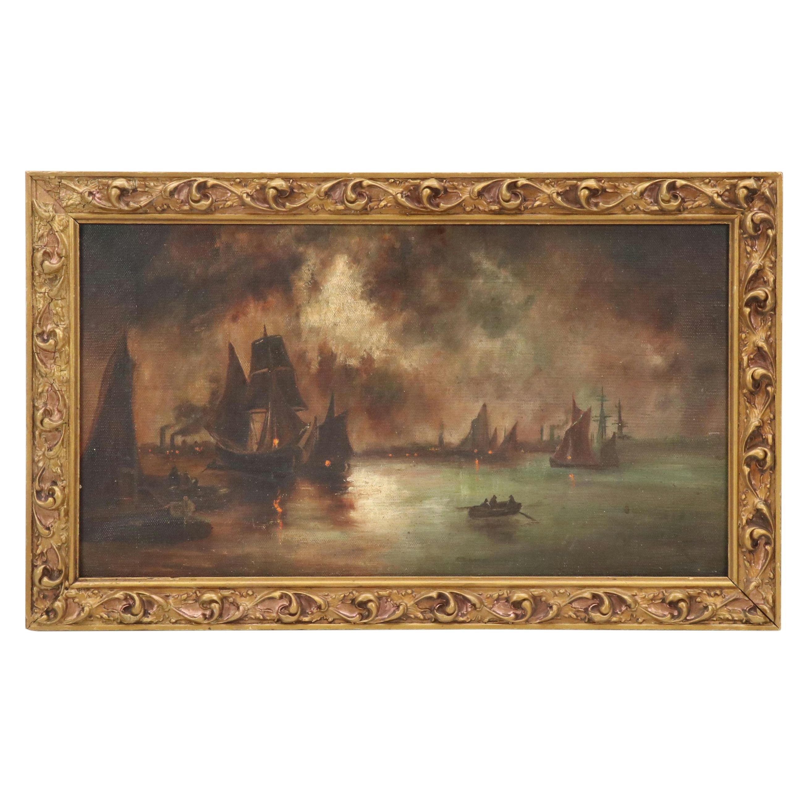 Naval Battle Scene Oil Painting, Circa 1910