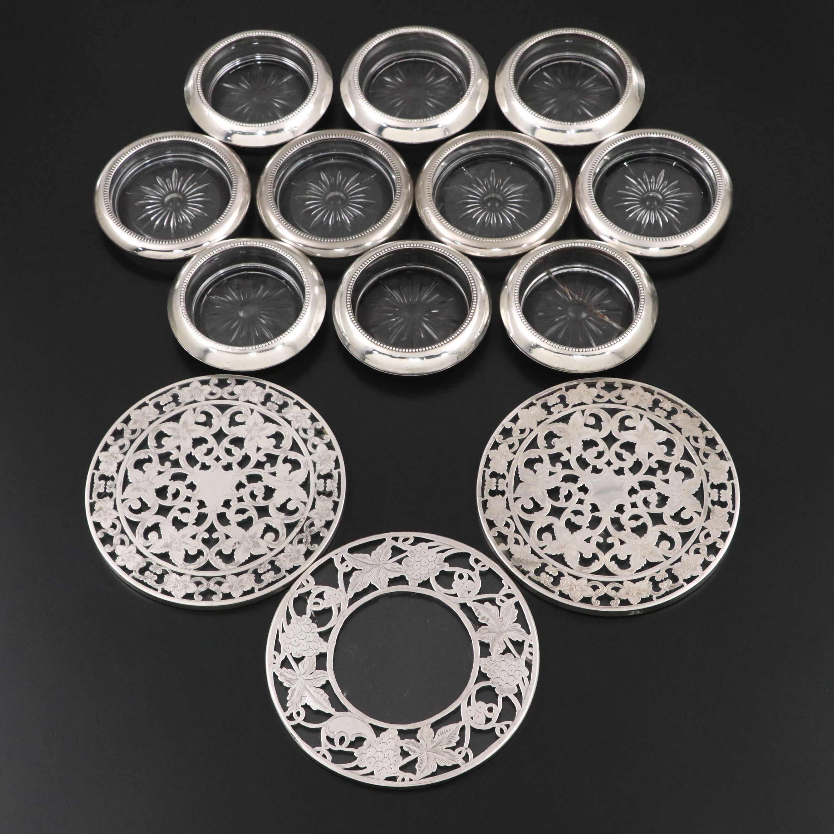 Webster Sterling Foliate Overlay Trivets and Other Coasters, Early to Mid-20th C