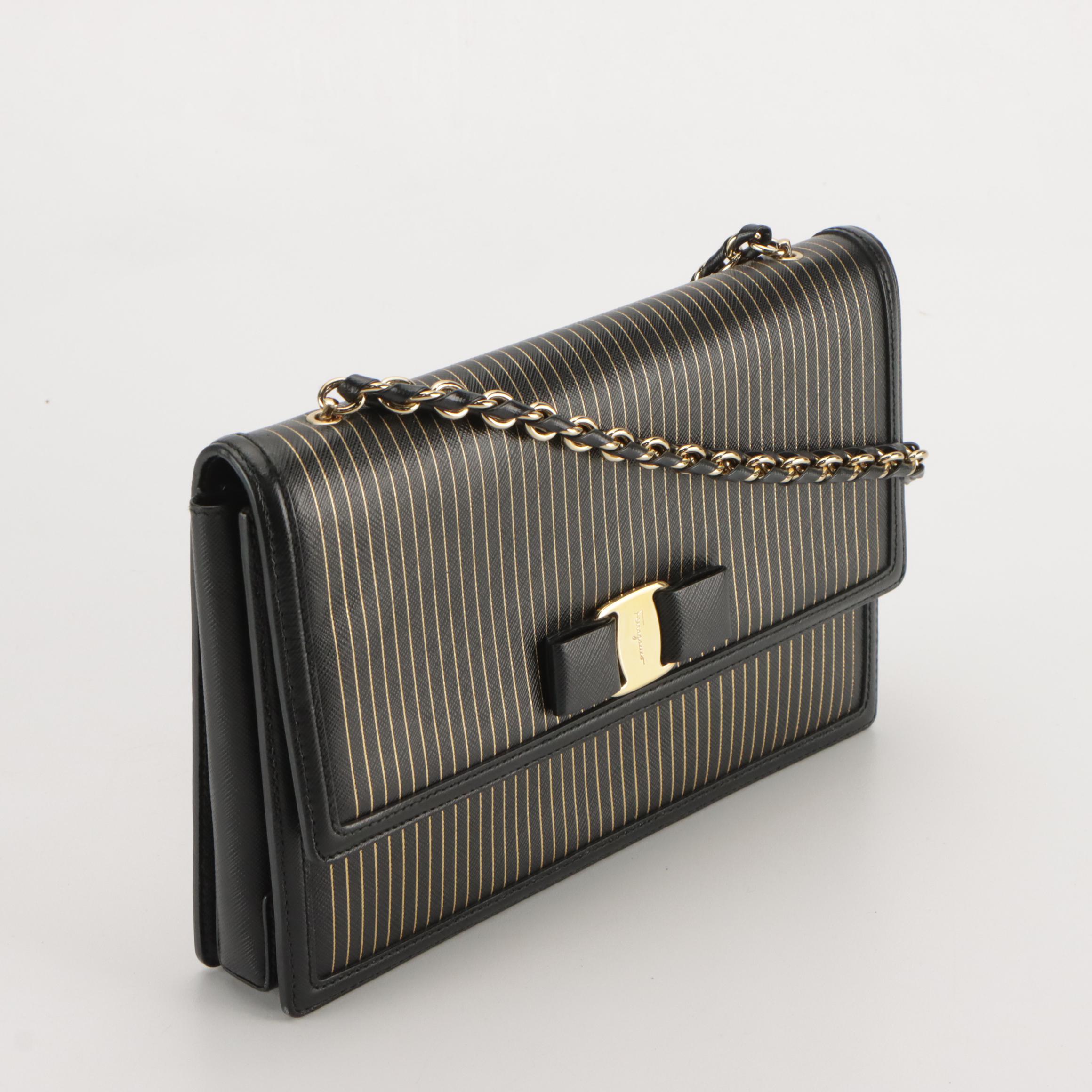 Salvatore Ferragamo Ginny Crossbody Bag in Gold Striped Black Saffiano Leather