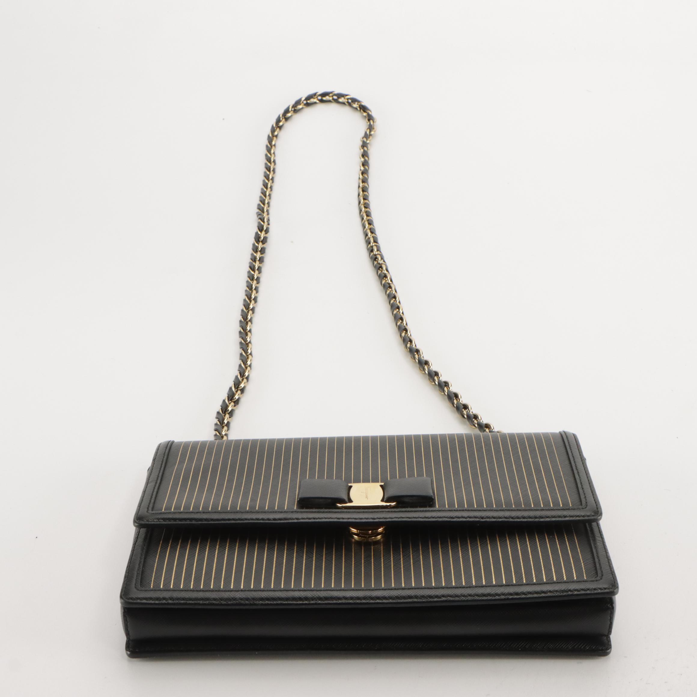 Salvatore Ferragamo Ginny Crossbody Bag in Gold Striped Black Saffiano Leather