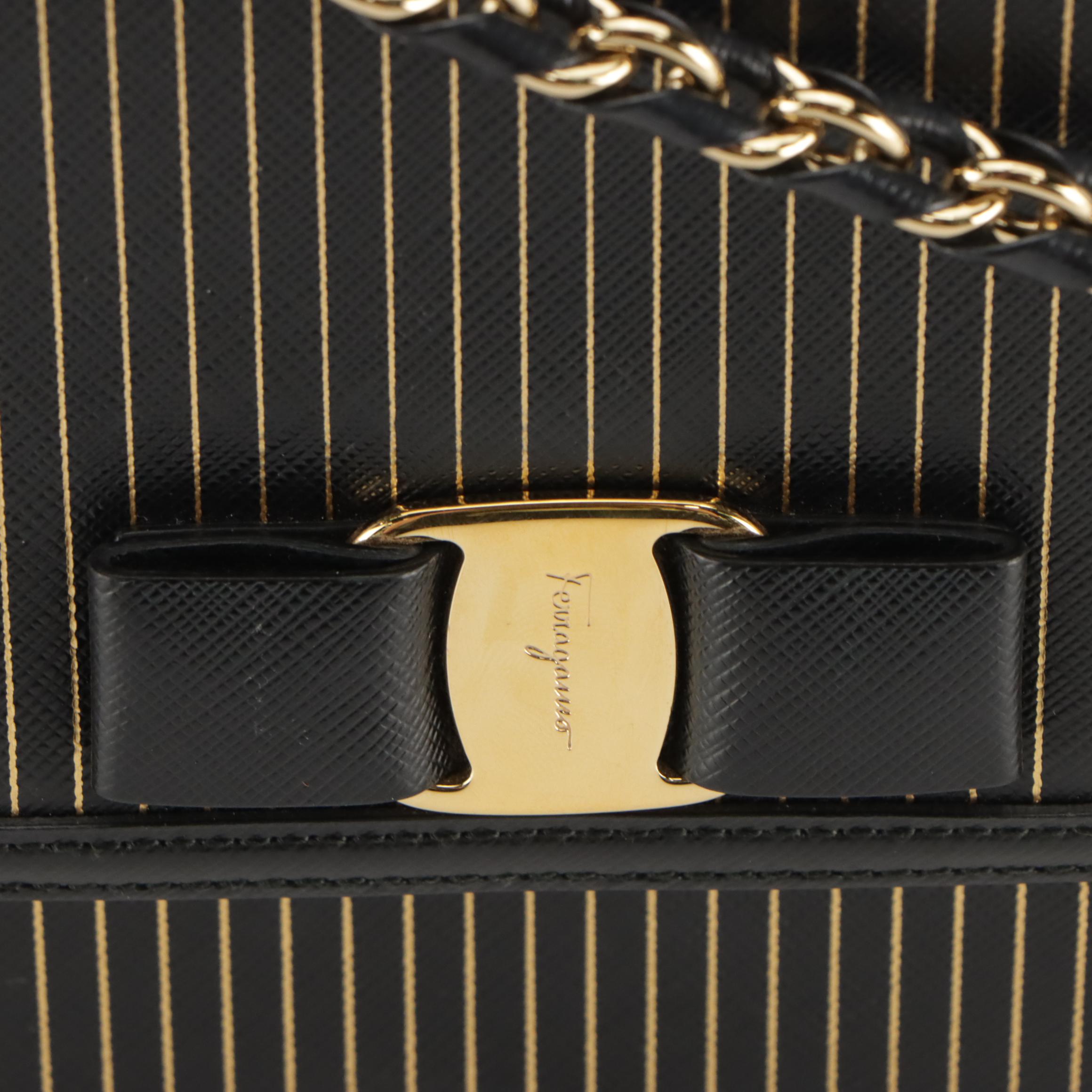 Salvatore Ferragamo Ginny Crossbody Bag in Gold Striped Black Saffiano Leather