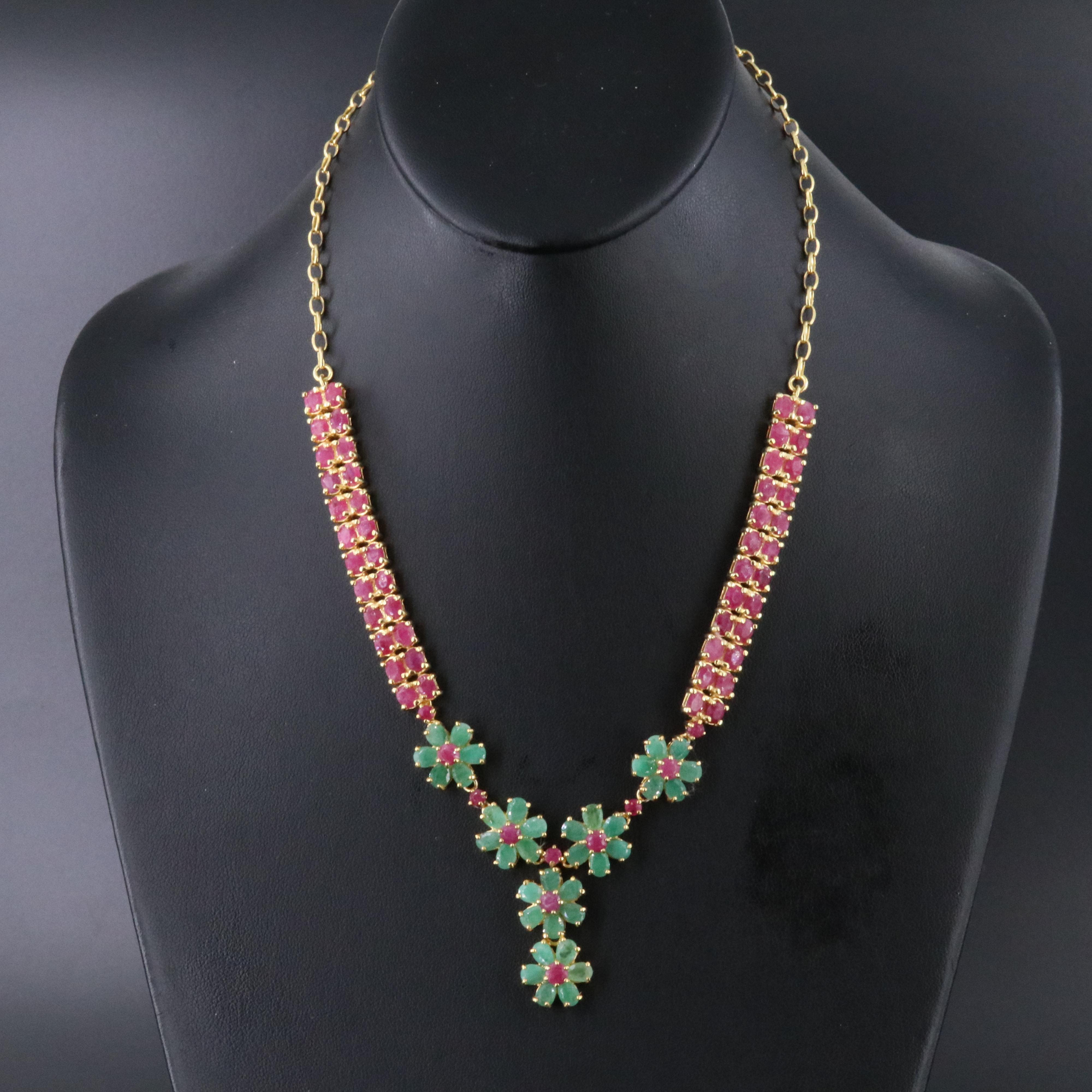 Sterling Emerald and Ruby Flower Y Necklace