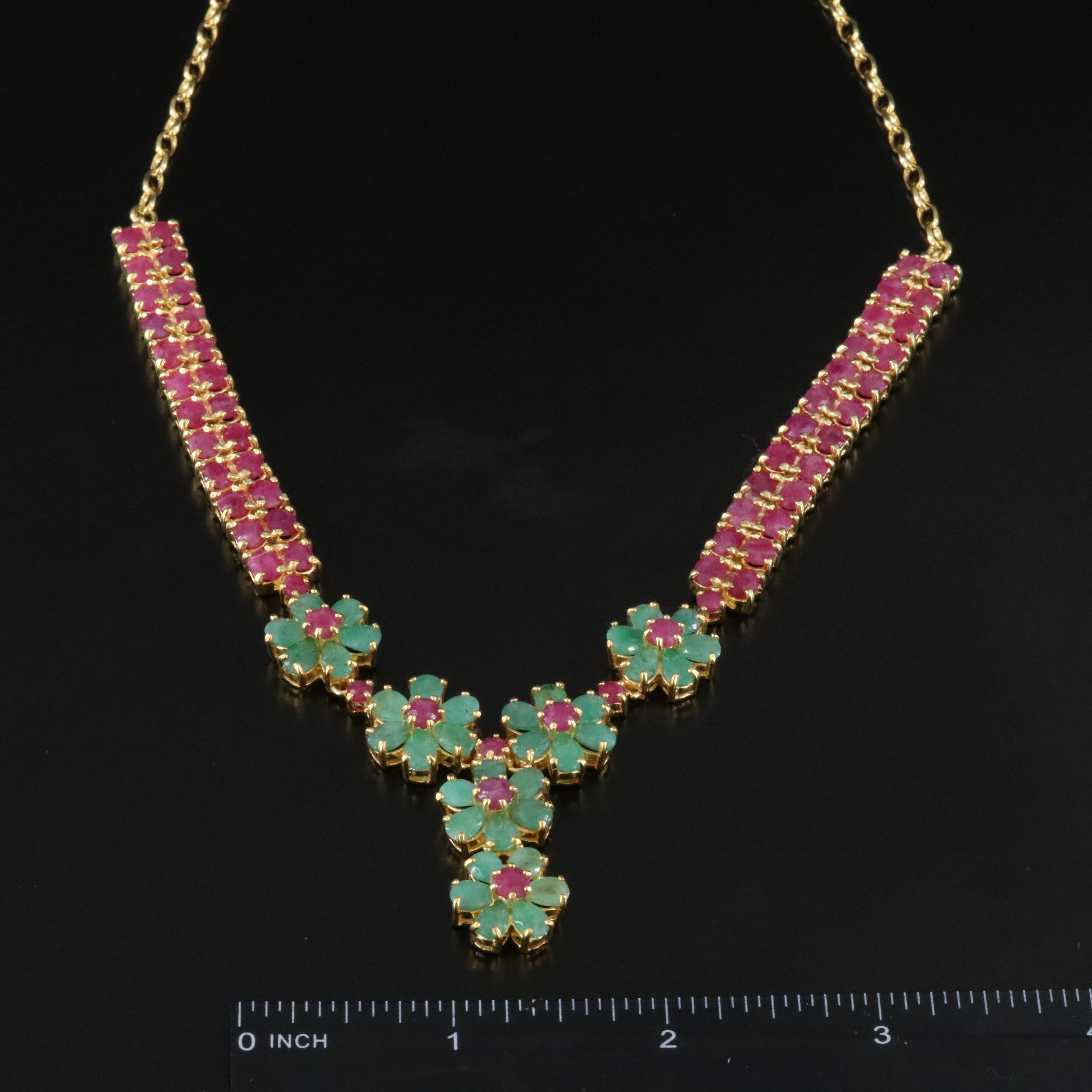 Sterling Emerald and Ruby Flower Y Necklace