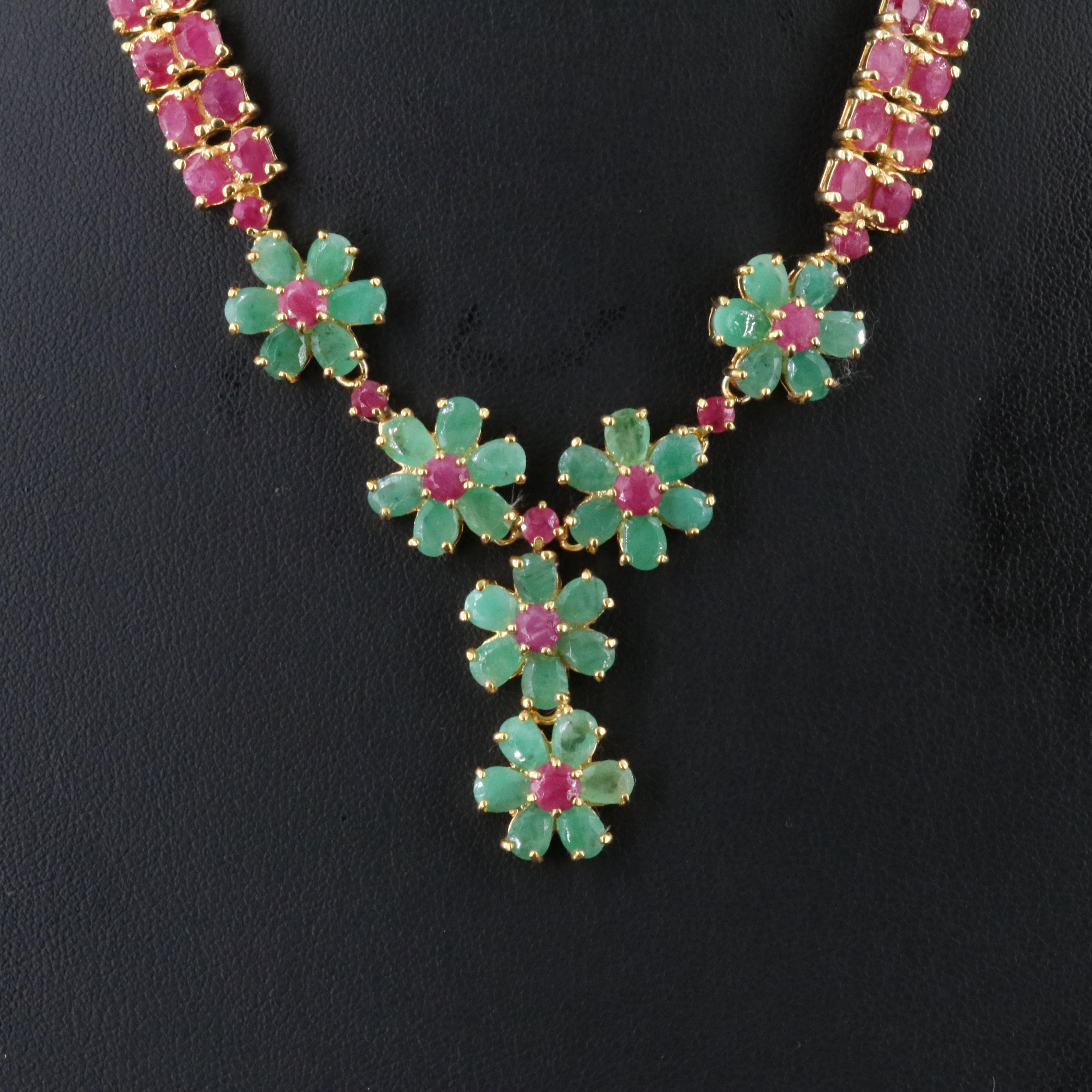 Sterling Emerald and Ruby Flower Y Necklace