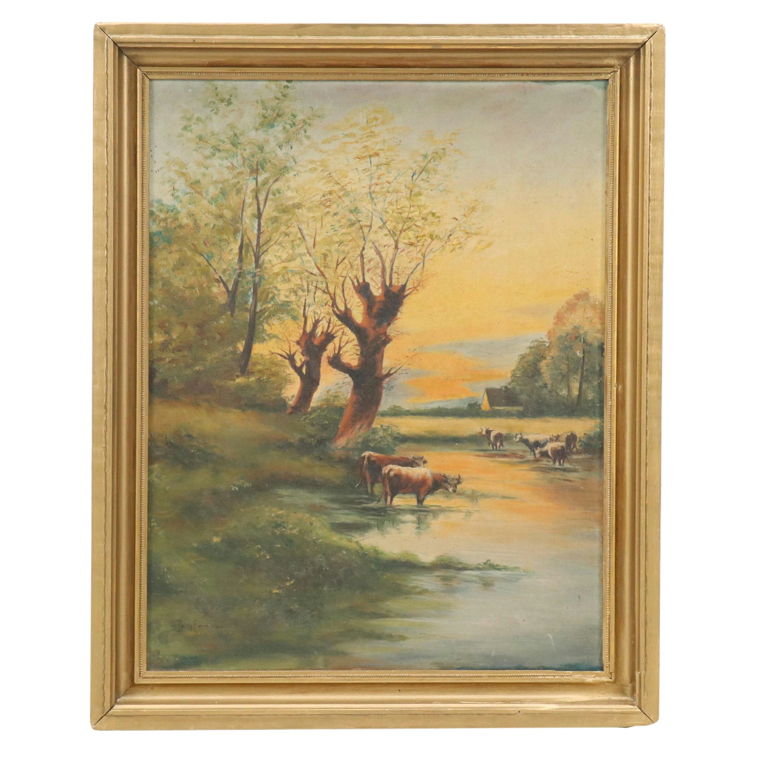 American School Pastoral Landscape Oil Painting, 1915