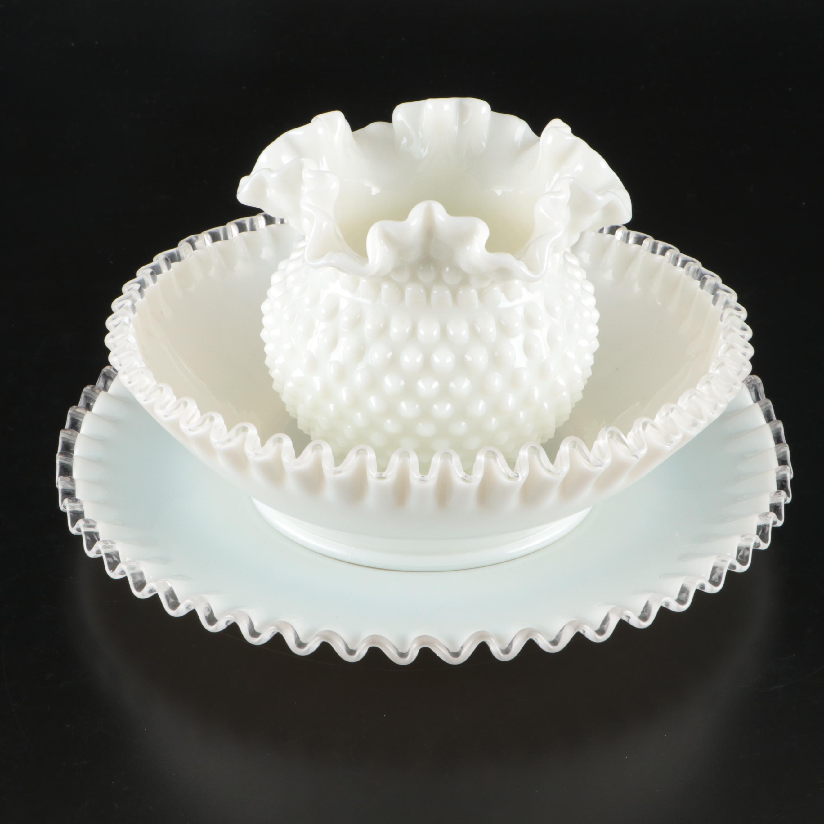 Fenton Hobnail Milk Glass Vase with Ruffle Milk Glass Decorative Bowl and Plate