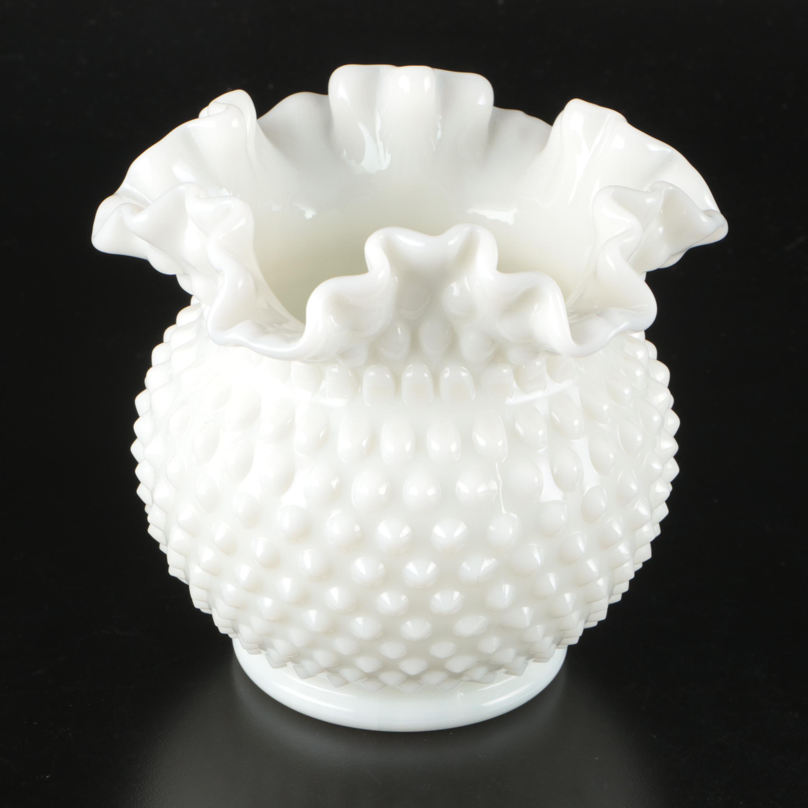 Fenton Hobnail Milk Glass Vase with Ruffle Milk Glass Decorative Bowl and Plate