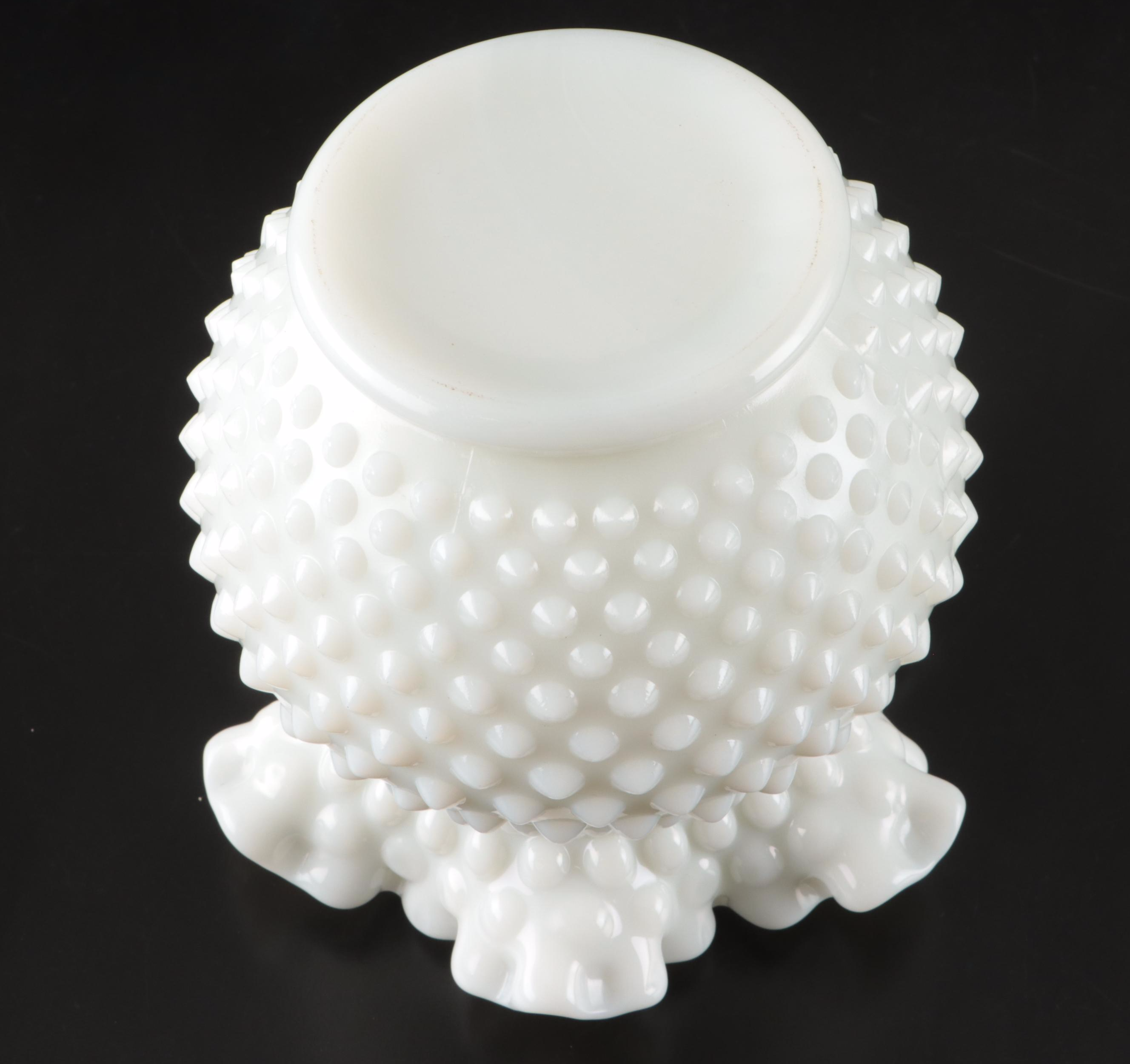 Fenton Hobnail Milk Glass Vase with Ruffle Milk Glass Decorative Bowl and Plate