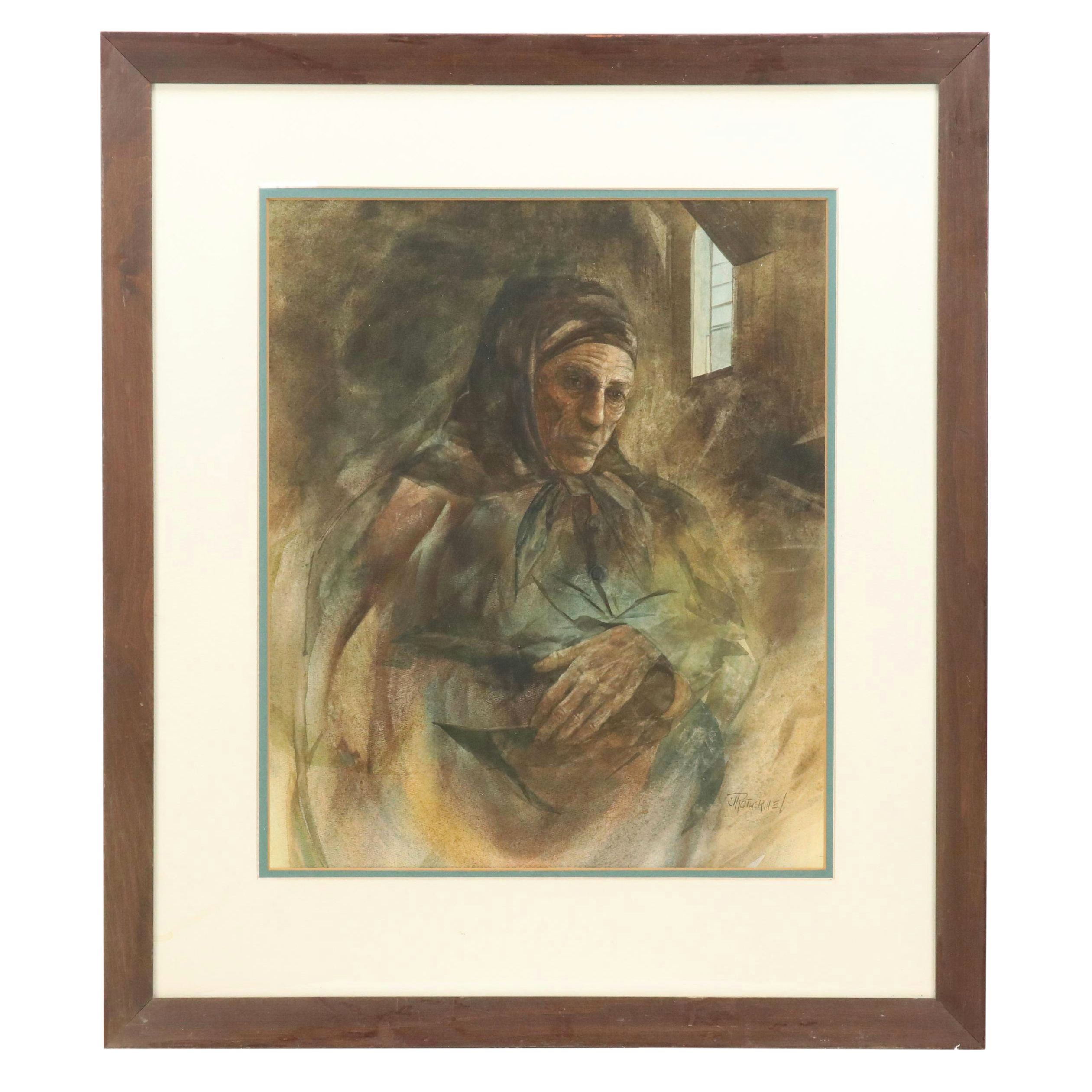 Joan Ashley Rothermel Watercolor Portrait Painting of Elderly Woman, Circa 1970