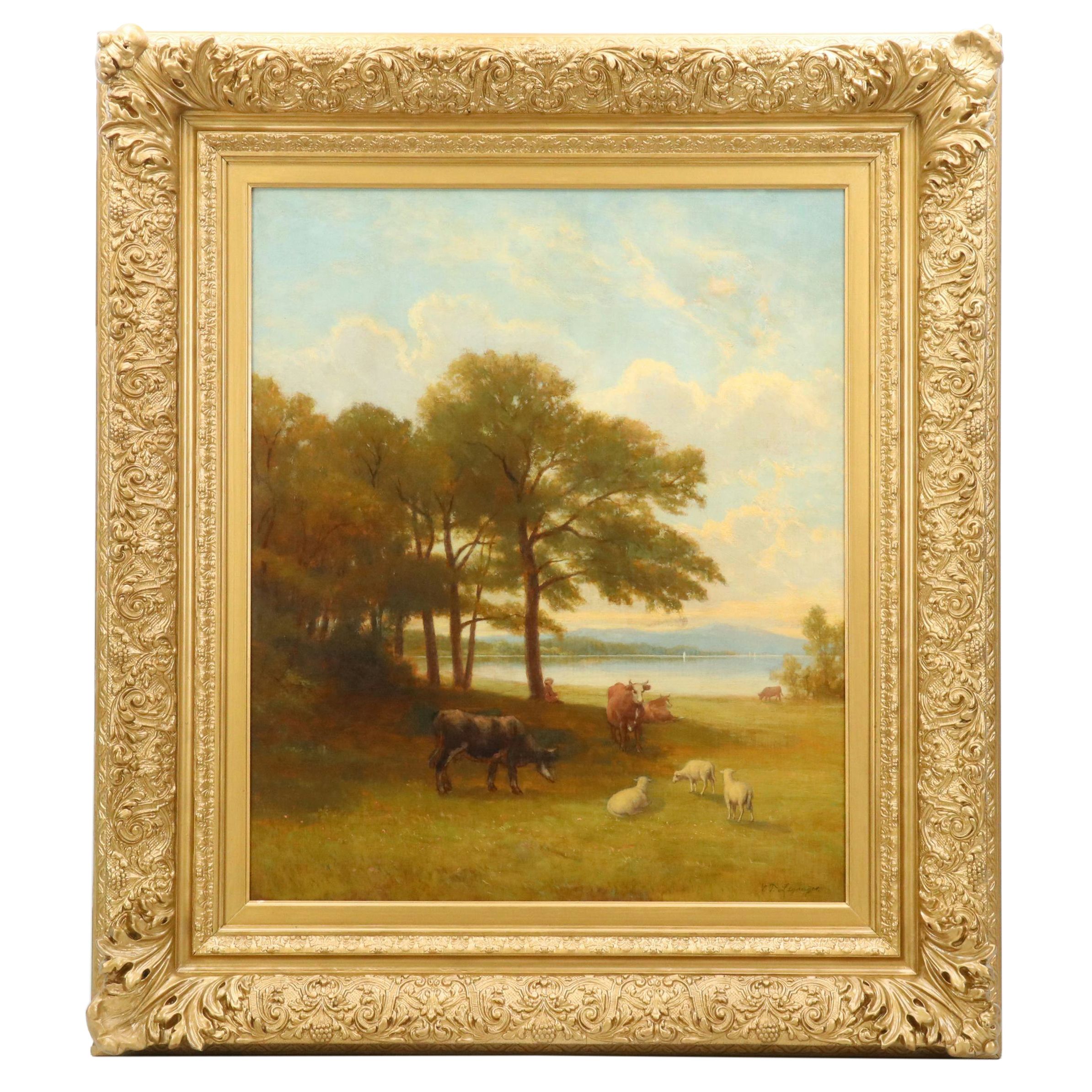 Nikolay T. Leganger Landscape Oil Painting of Sheep and Cows at Lakeside