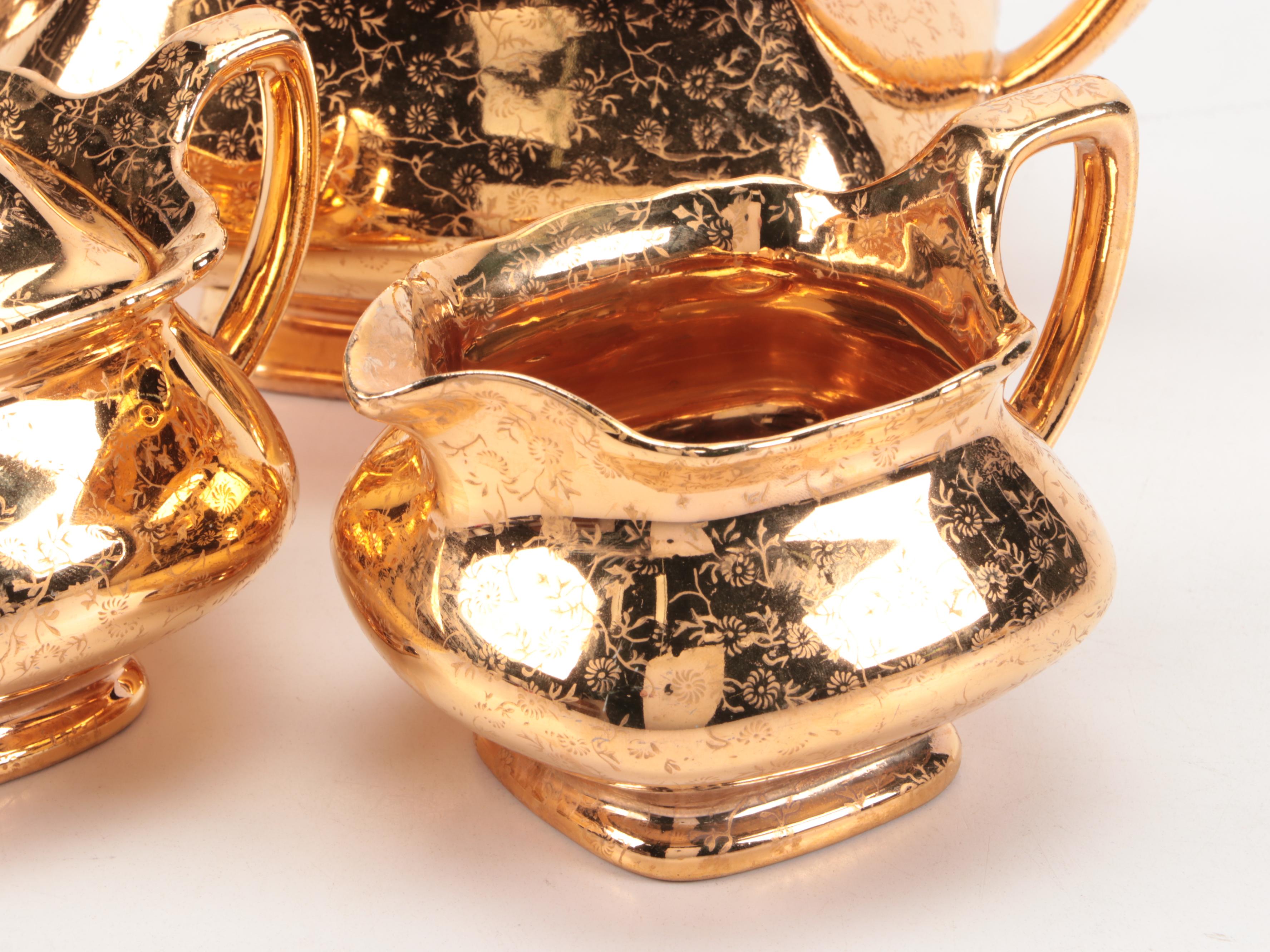 W.S. George Pottery Gilt Encrusted Tea Set, Mid-20th Century