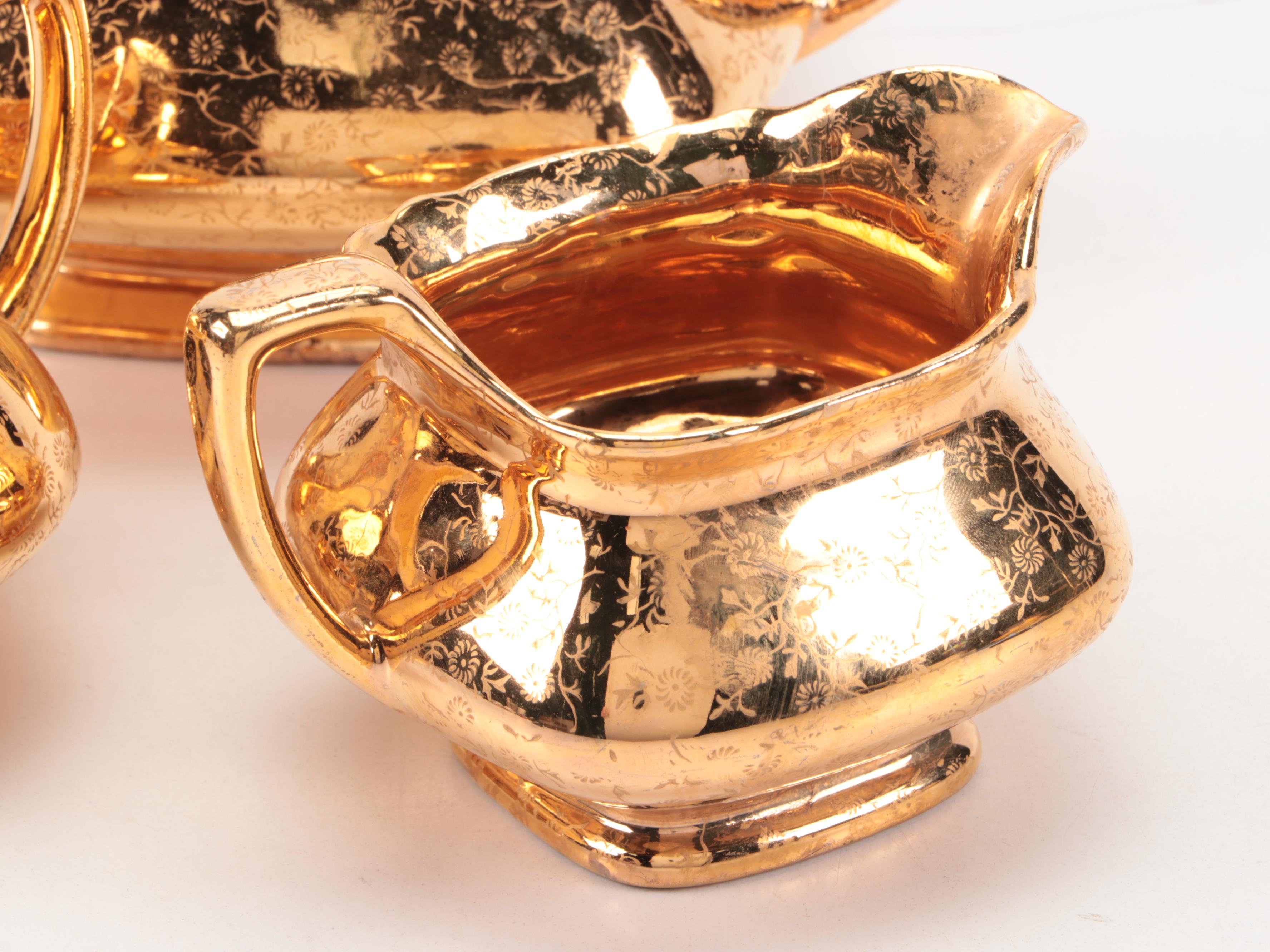 W.S. George Pottery Gilt Encrusted Tea Set, Mid-20th Century