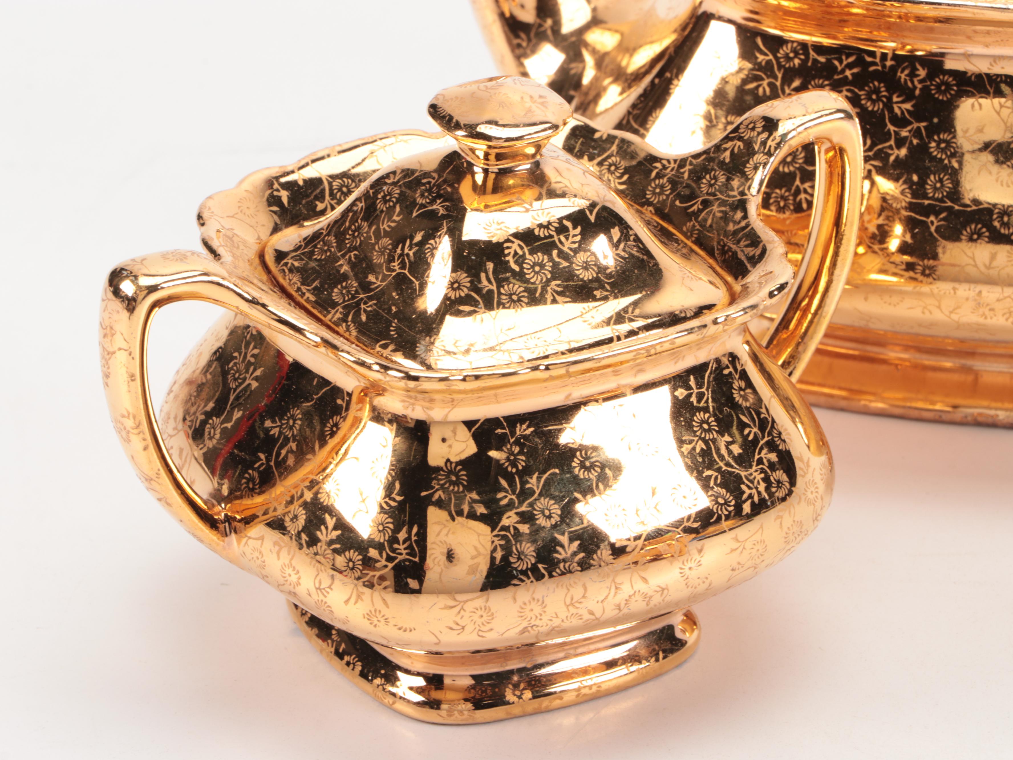 W.S. George Pottery Gilt Encrusted Tea Set, Mid-20th Century