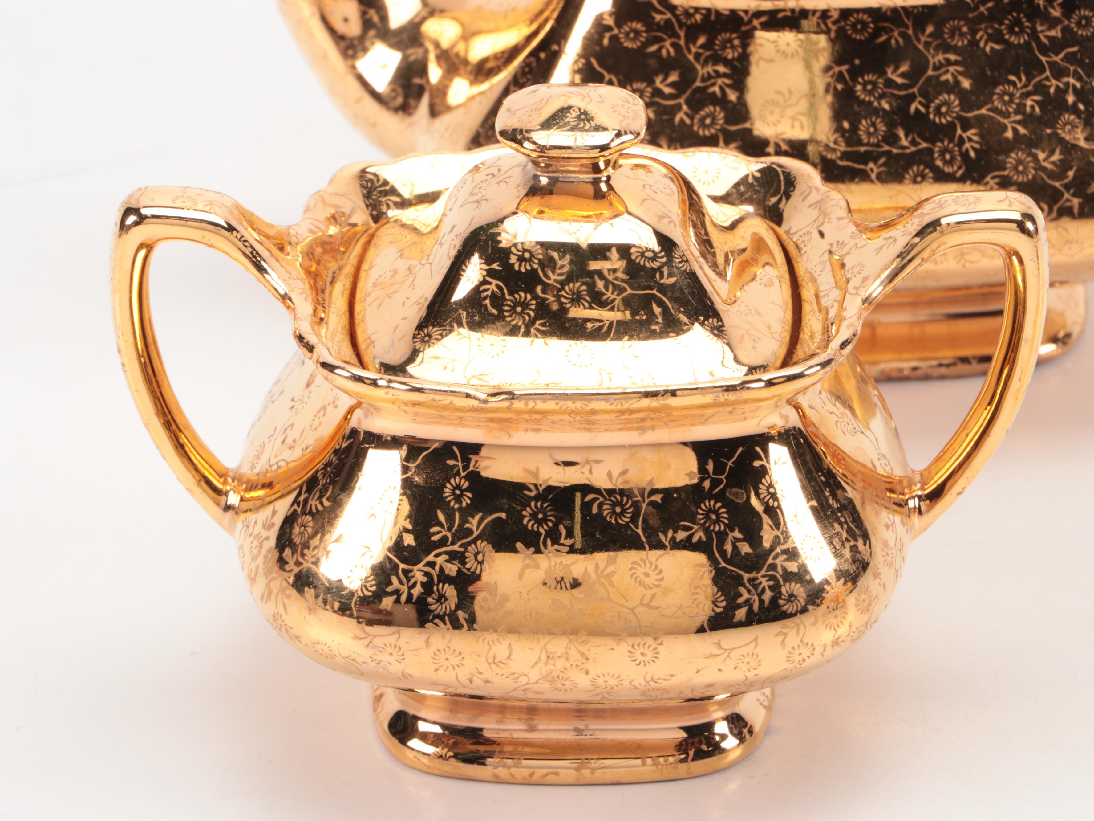 W.S. George Pottery Gilt Encrusted Tea Set, Mid-20th Century