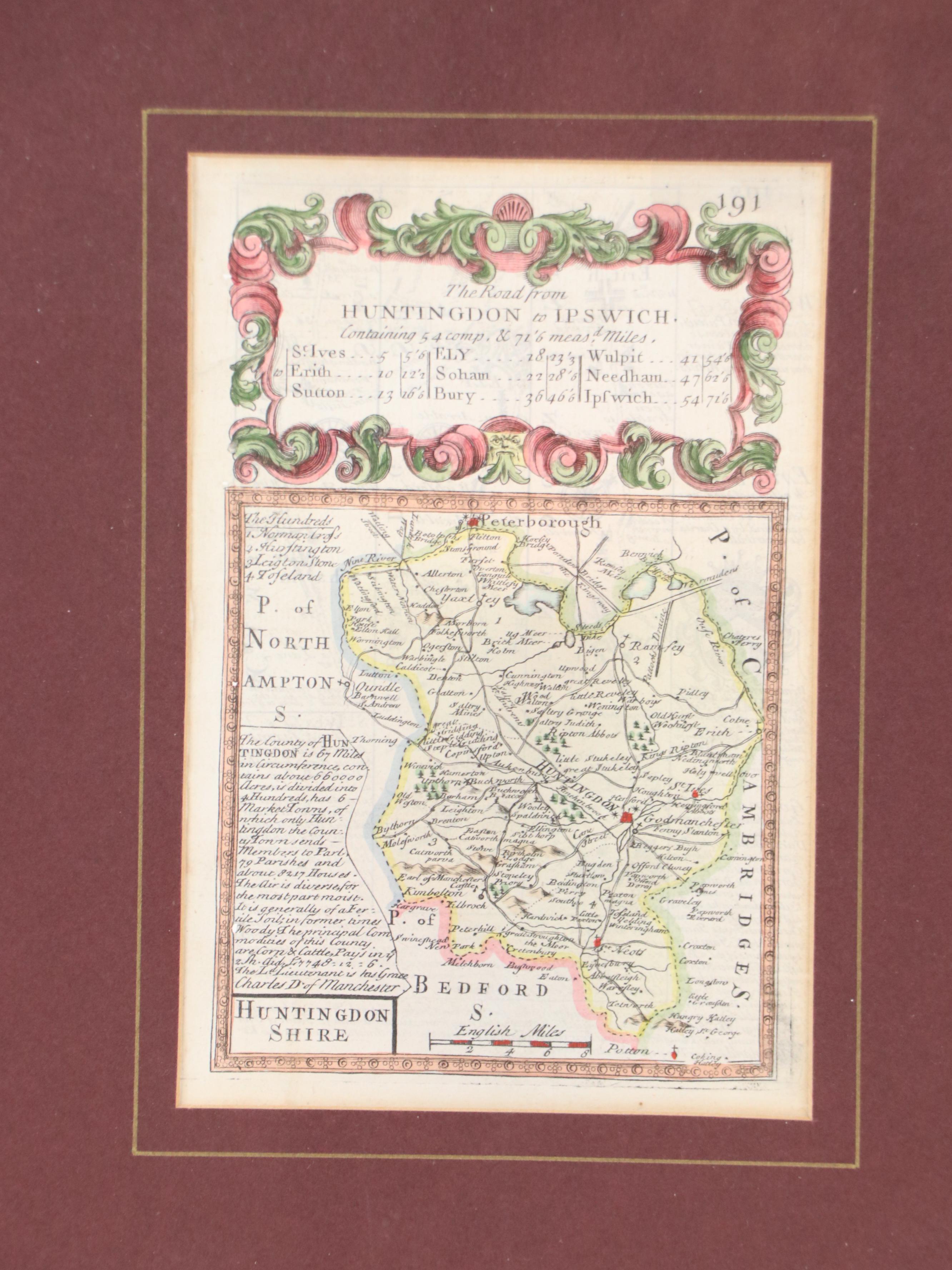 English Hand-Colored Huntingdon to Ipswich Engraved Map, 18th Century