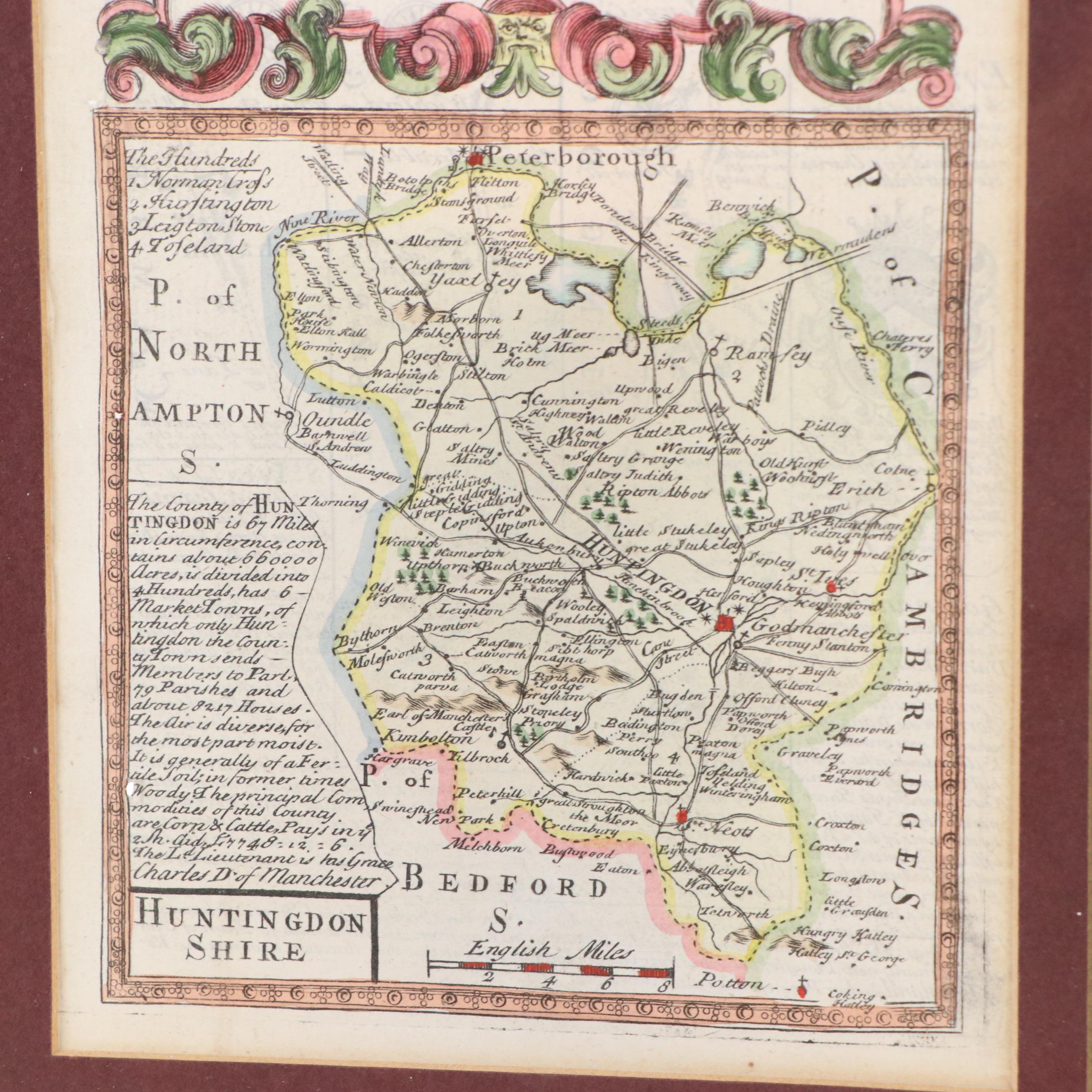 English Hand-Colored Huntingdon to Ipswich Engraved Map, 18th Century