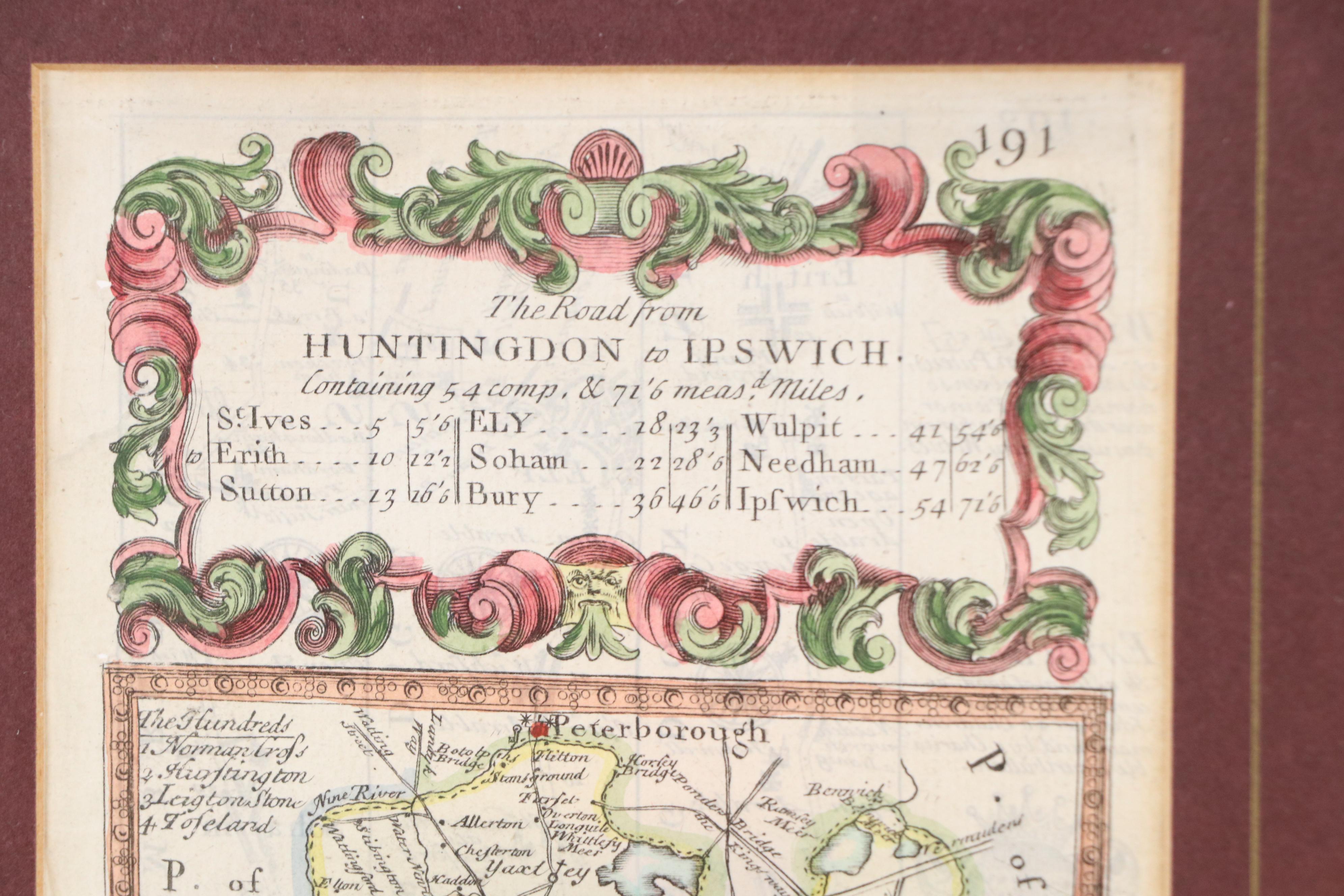 English Hand-Colored Huntingdon to Ipswich Engraved Map, 18th Century