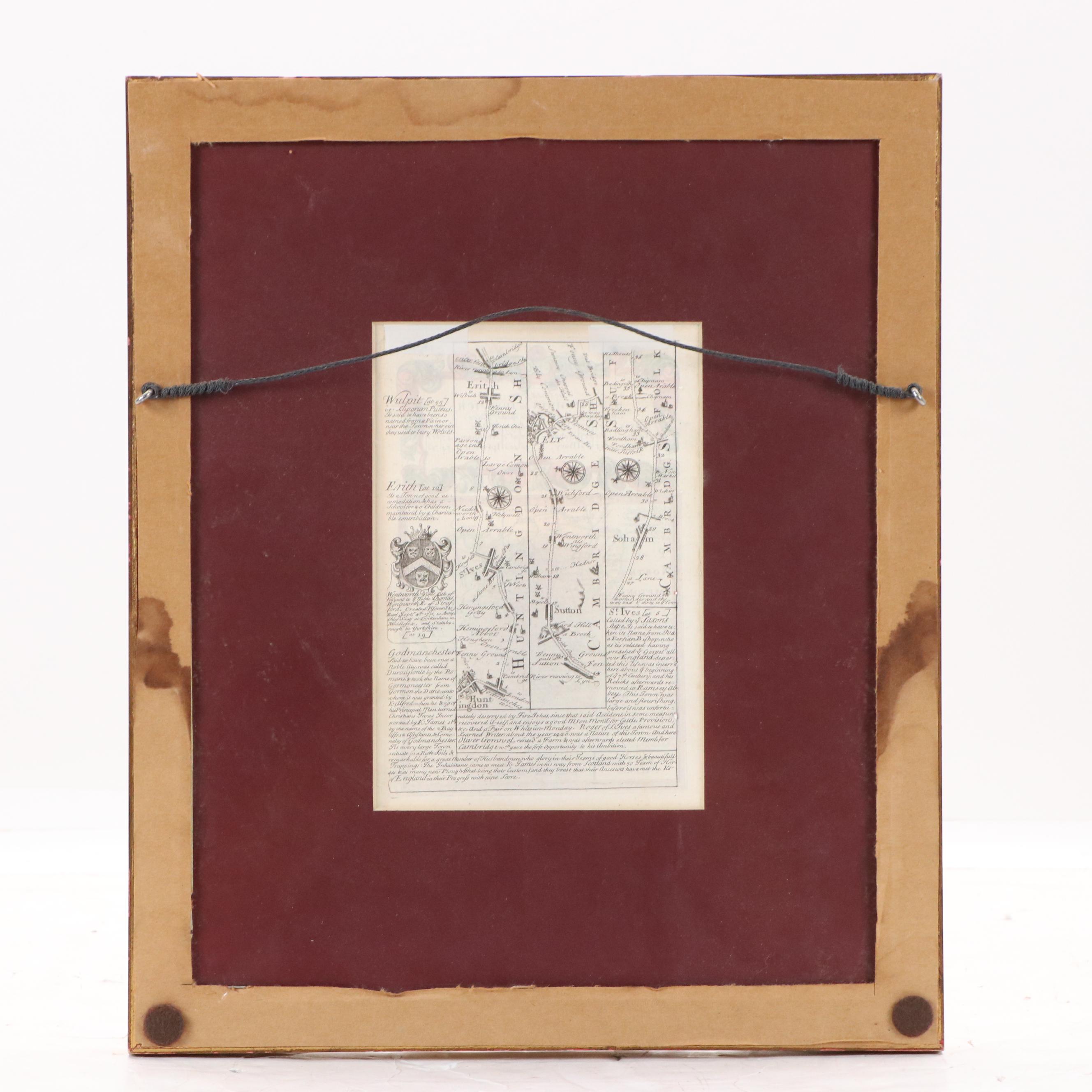 English Hand-Colored Huntingdon to Ipswich Engraved Map, 18th Century