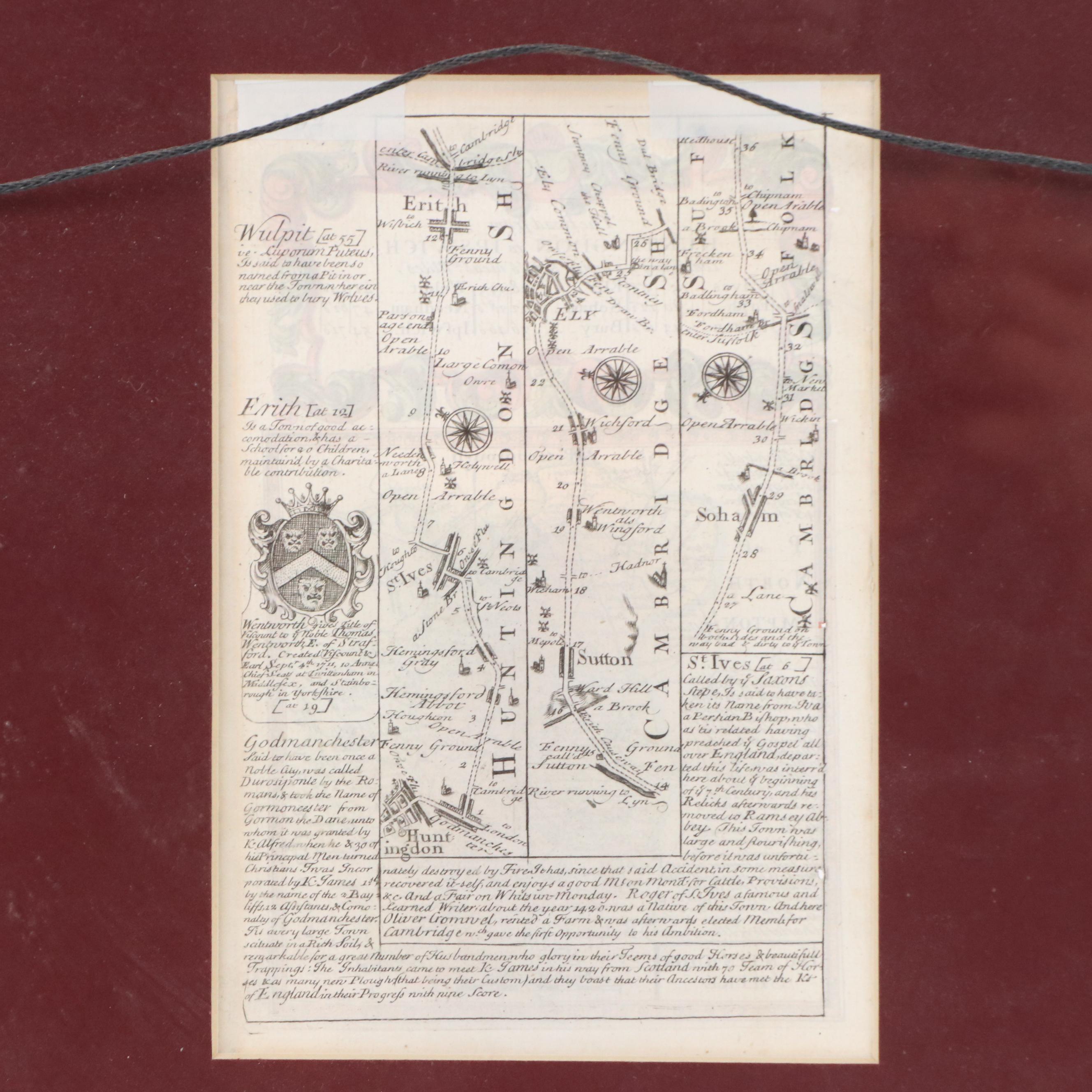 English Hand-Colored Huntingdon to Ipswich Engraved Map, 18th Century