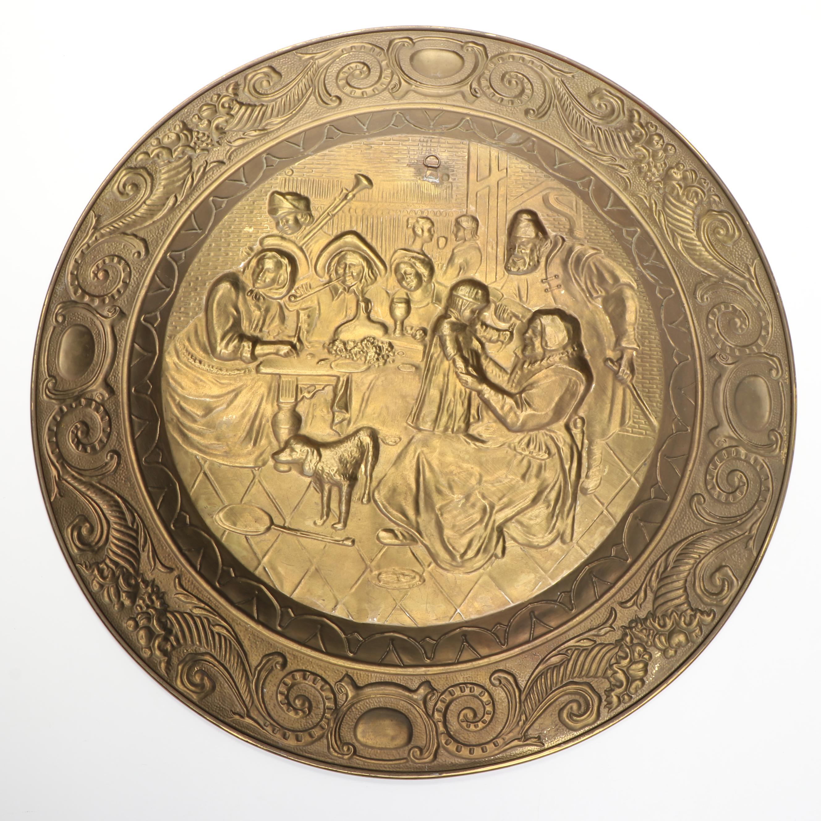 Genre Scene Brass Repoussé Wall Hanging Charger, Mid to Late 20th Century