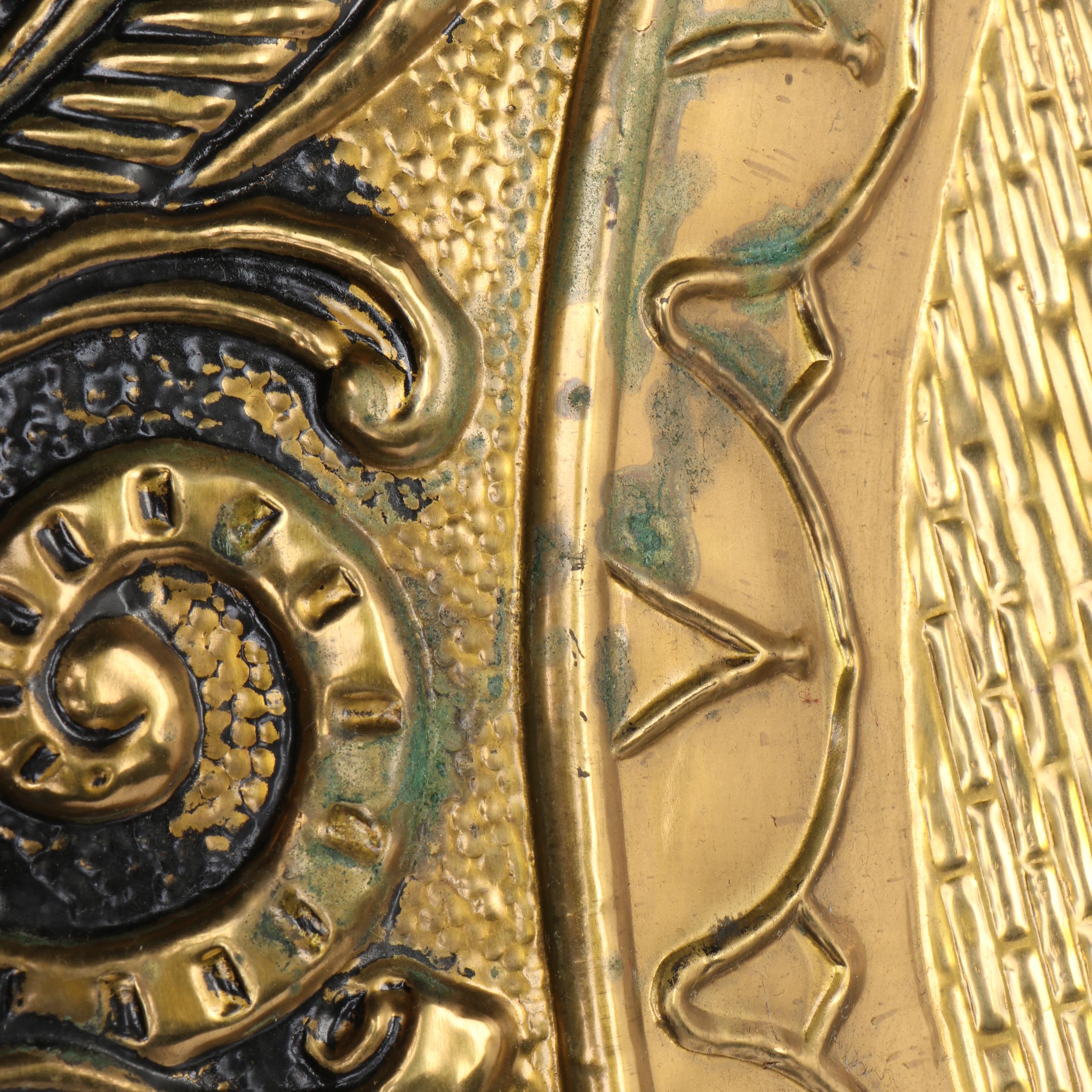 Genre Scene Brass Repoussé Wall Hanging Charger, Mid to Late 20th Century