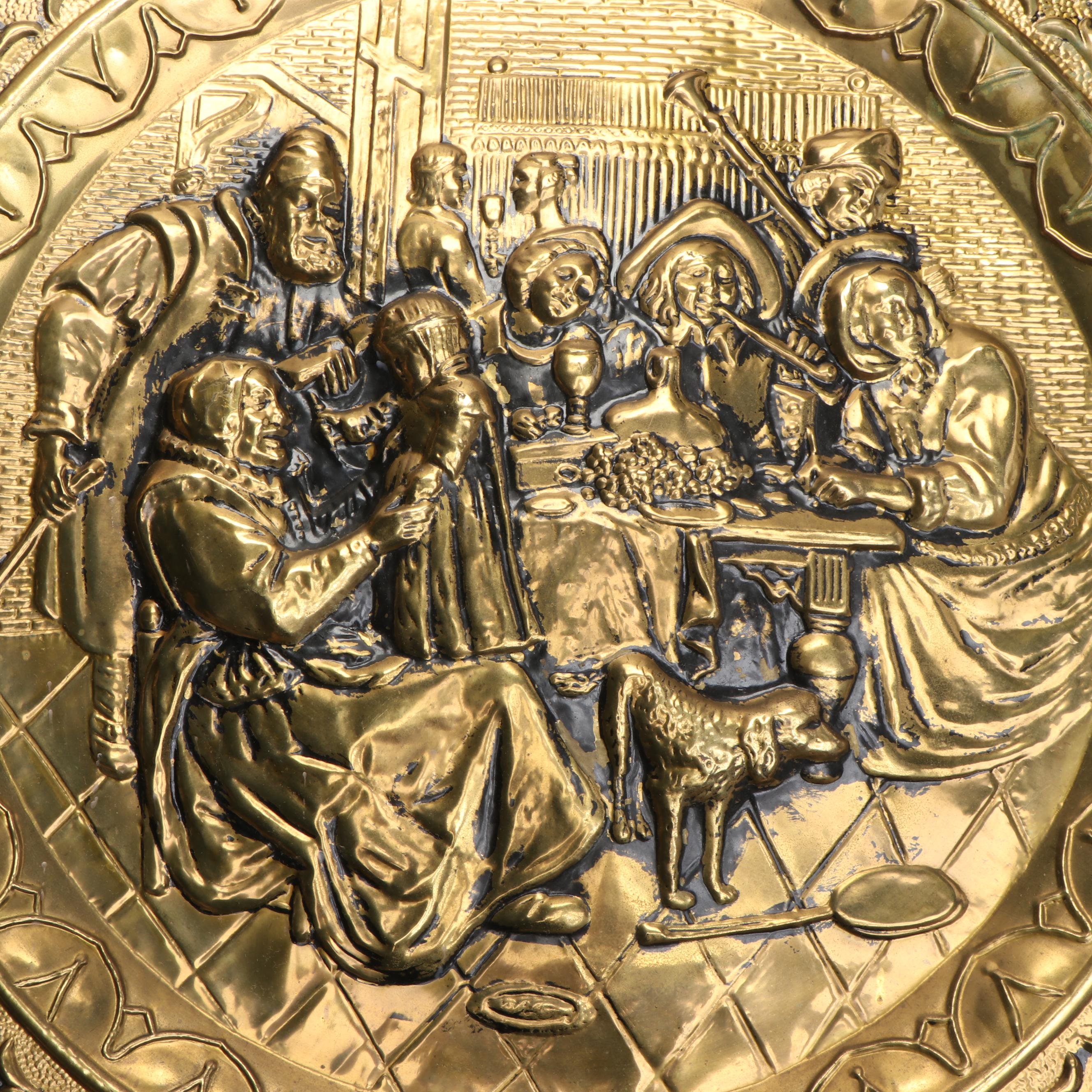 Genre Scene Brass Repoussé Wall Hanging Charger, Mid to Late 20th Century