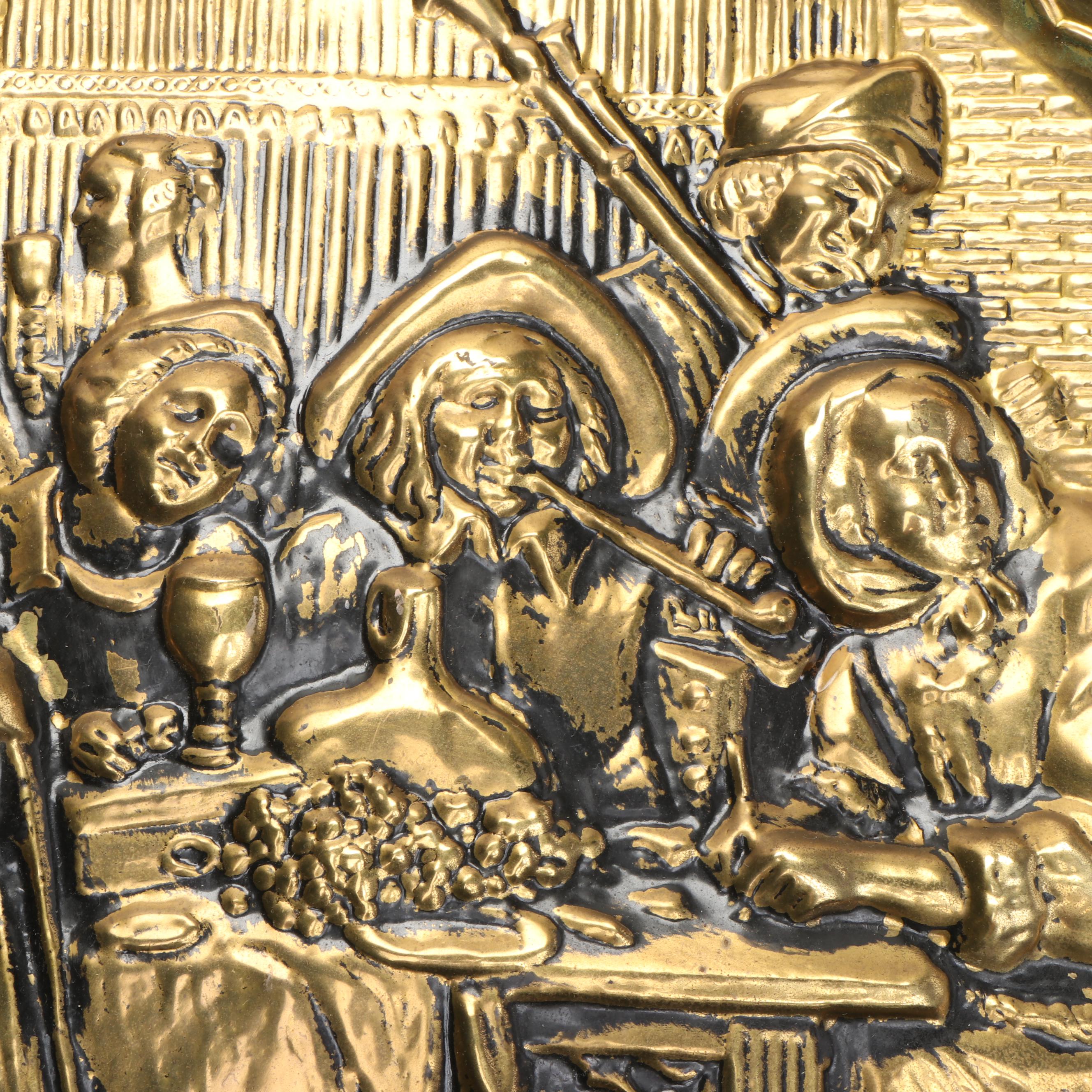 Genre Scene Brass Repoussé Wall Hanging Charger, Mid to Late 20th Century