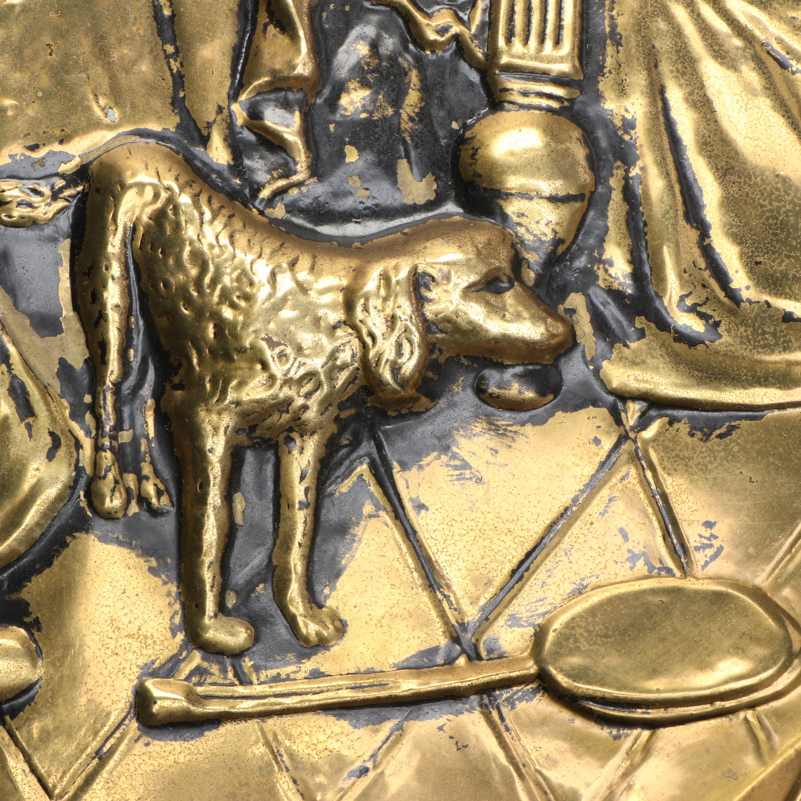 Genre Scene Brass Repoussé Wall Hanging Charger, Mid to Late 20th Century