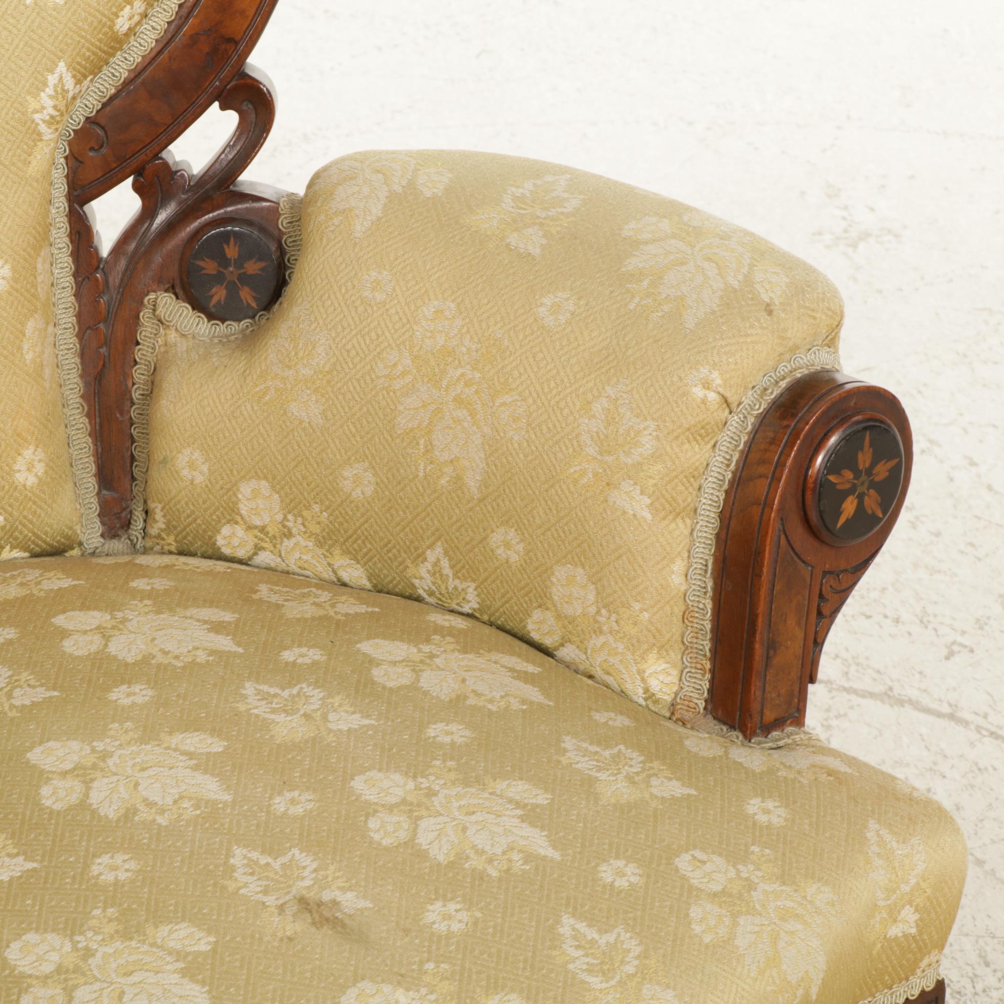 Victorian Carved Walnut Parlor Chairs with Burl Wood Veneer