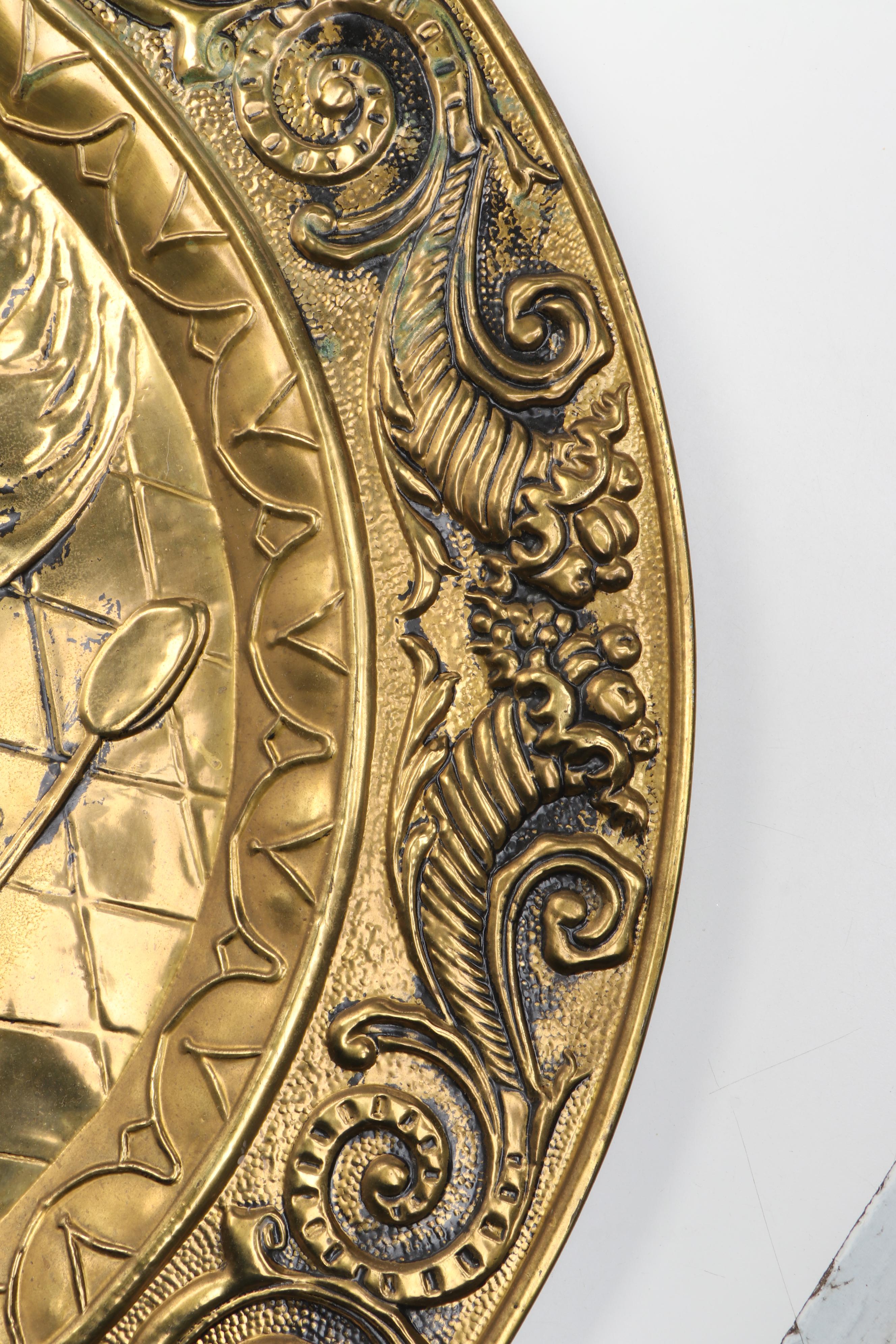 Genre Scene Brass Repoussé Wall Hanging Charger, Mid to Late 20th Century