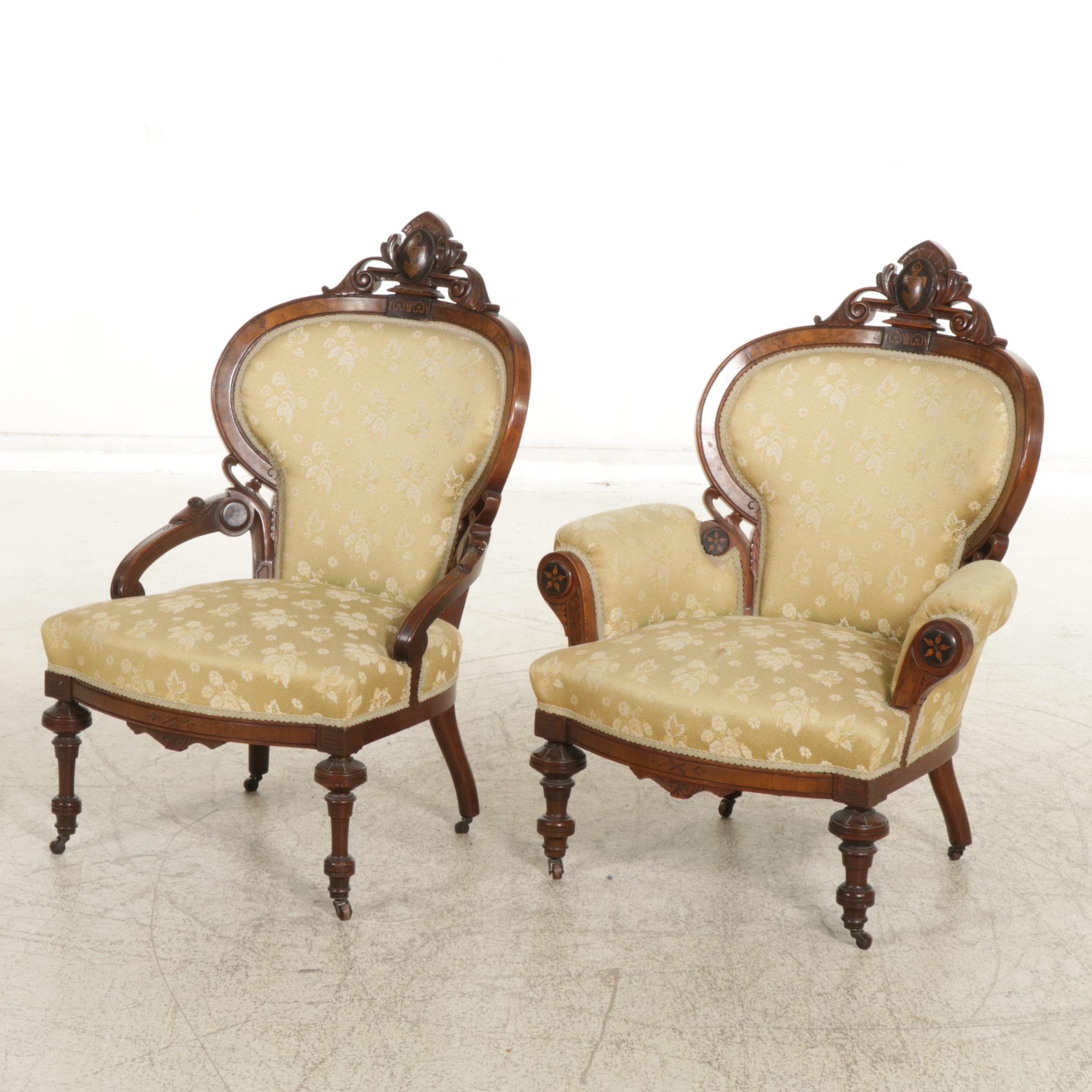 Victorian Carved Walnut Parlor Chairs with Burl Wood Veneer