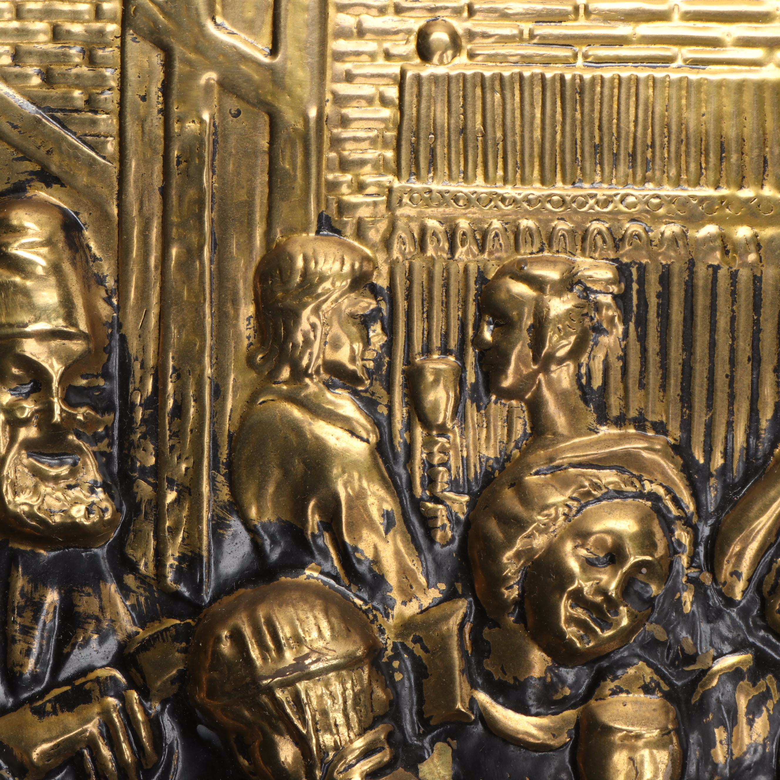 Genre Scene Brass Repoussé Wall Hanging Charger, Mid to Late 20th Century