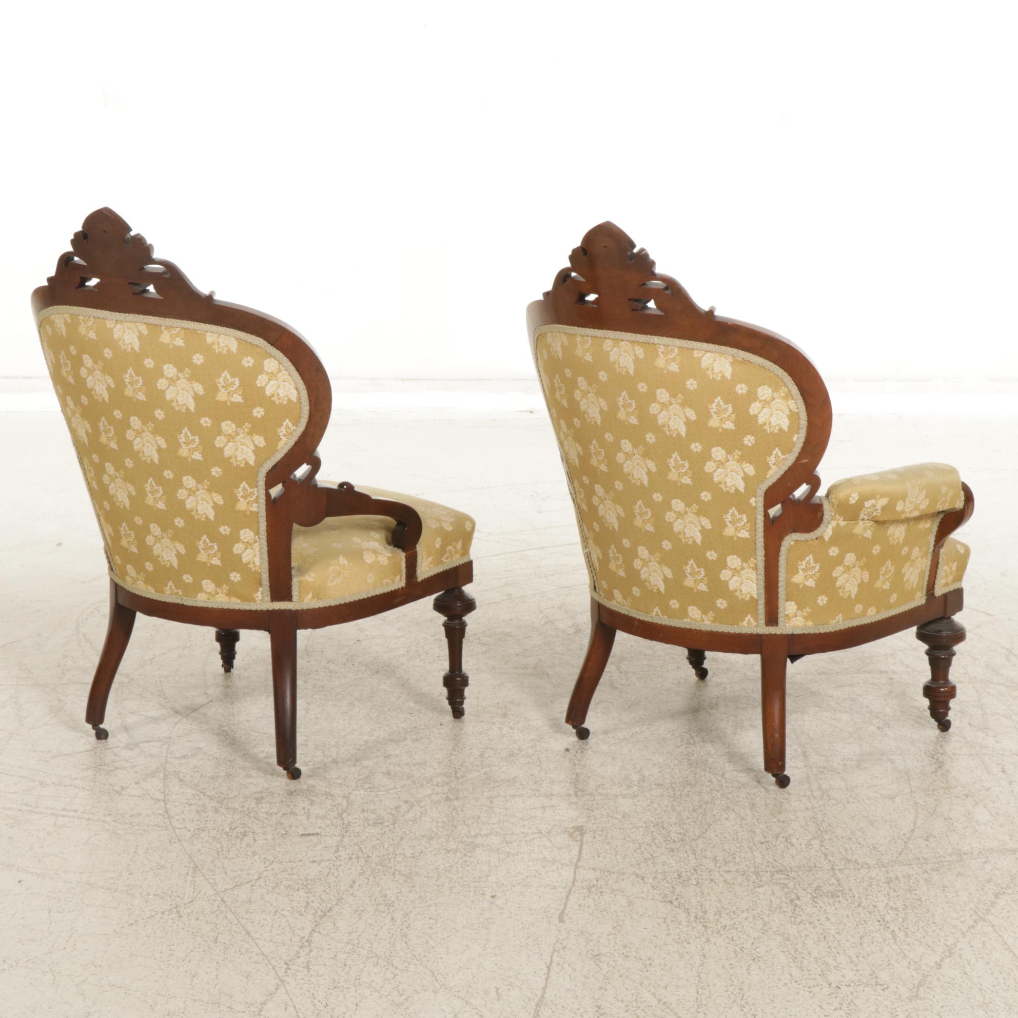 Victorian Carved Walnut Parlor Chairs with Burl Wood Veneer