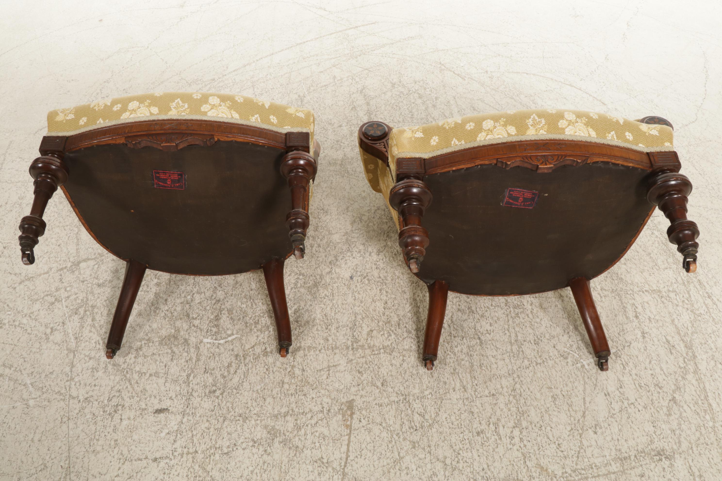 Victorian Carved Walnut Parlor Chairs with Burl Wood Veneer