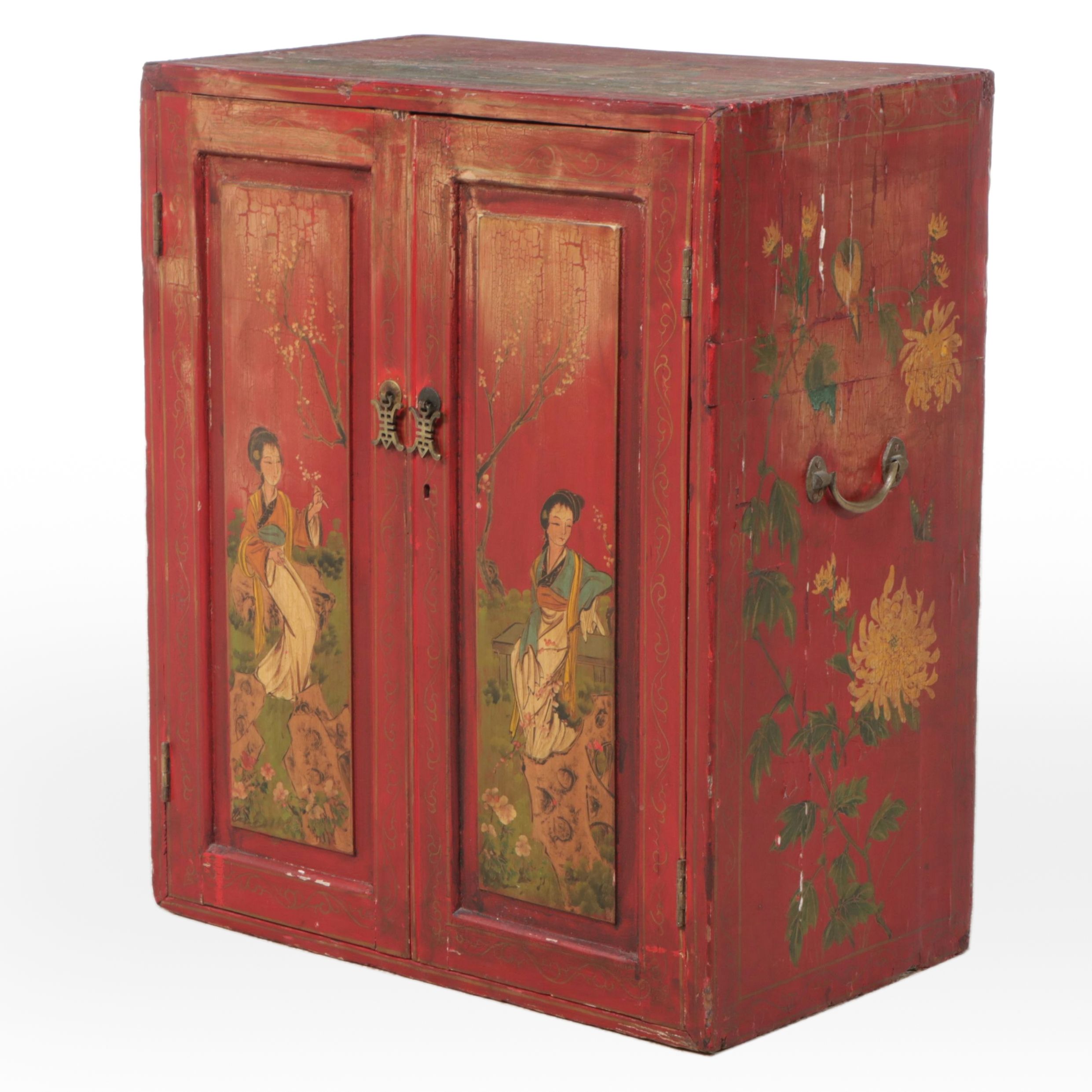 Chinese Style Red Painted Wood Bedside Cabinet
