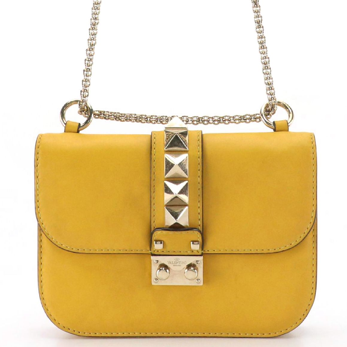 Valentino Garavani Rock Stud Flap Chain Bag in Mustard Yellow Calfskin Leather