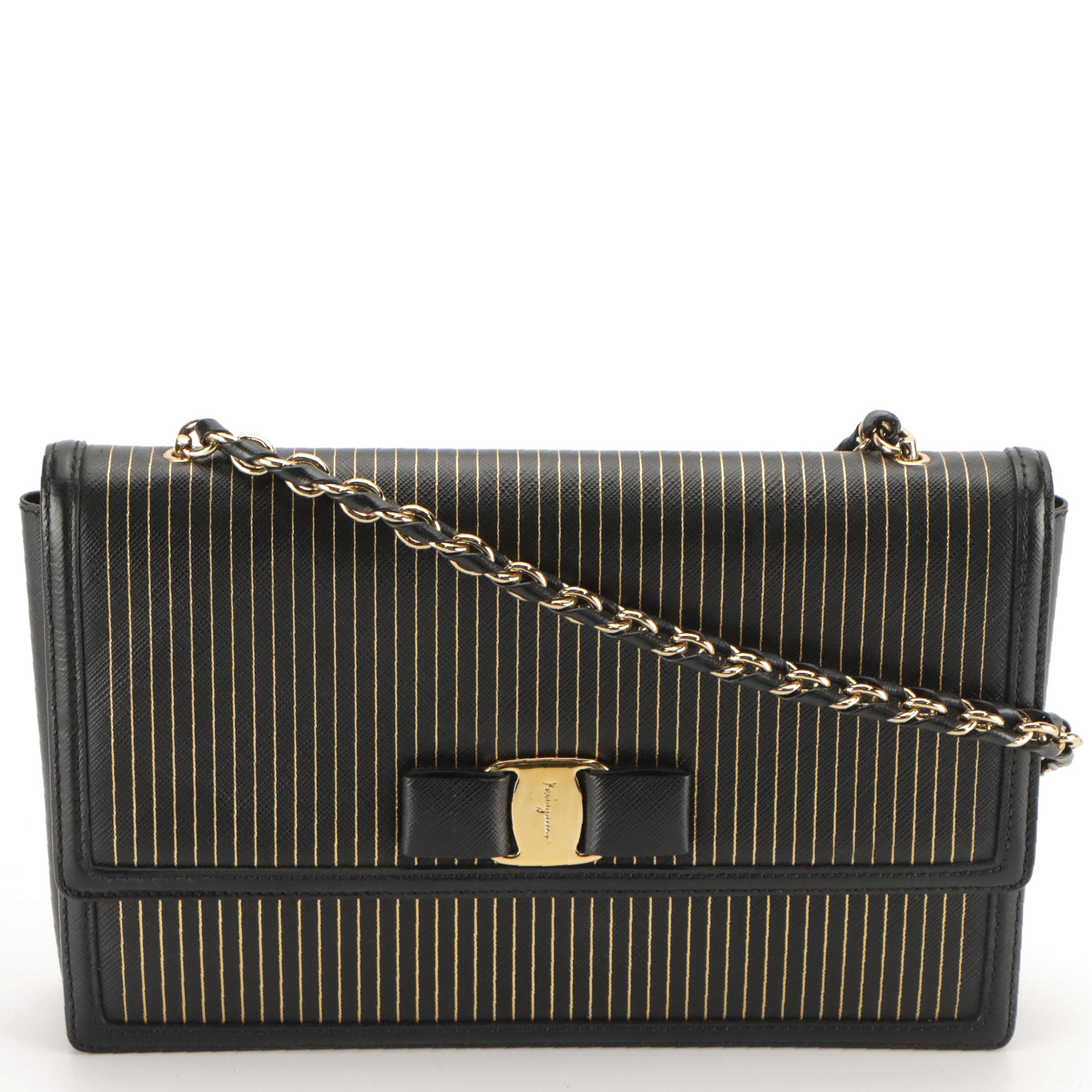 Salvatore Ferragamo Ginny Crossbody Bag in Gold Striped Black Saffiano Leather