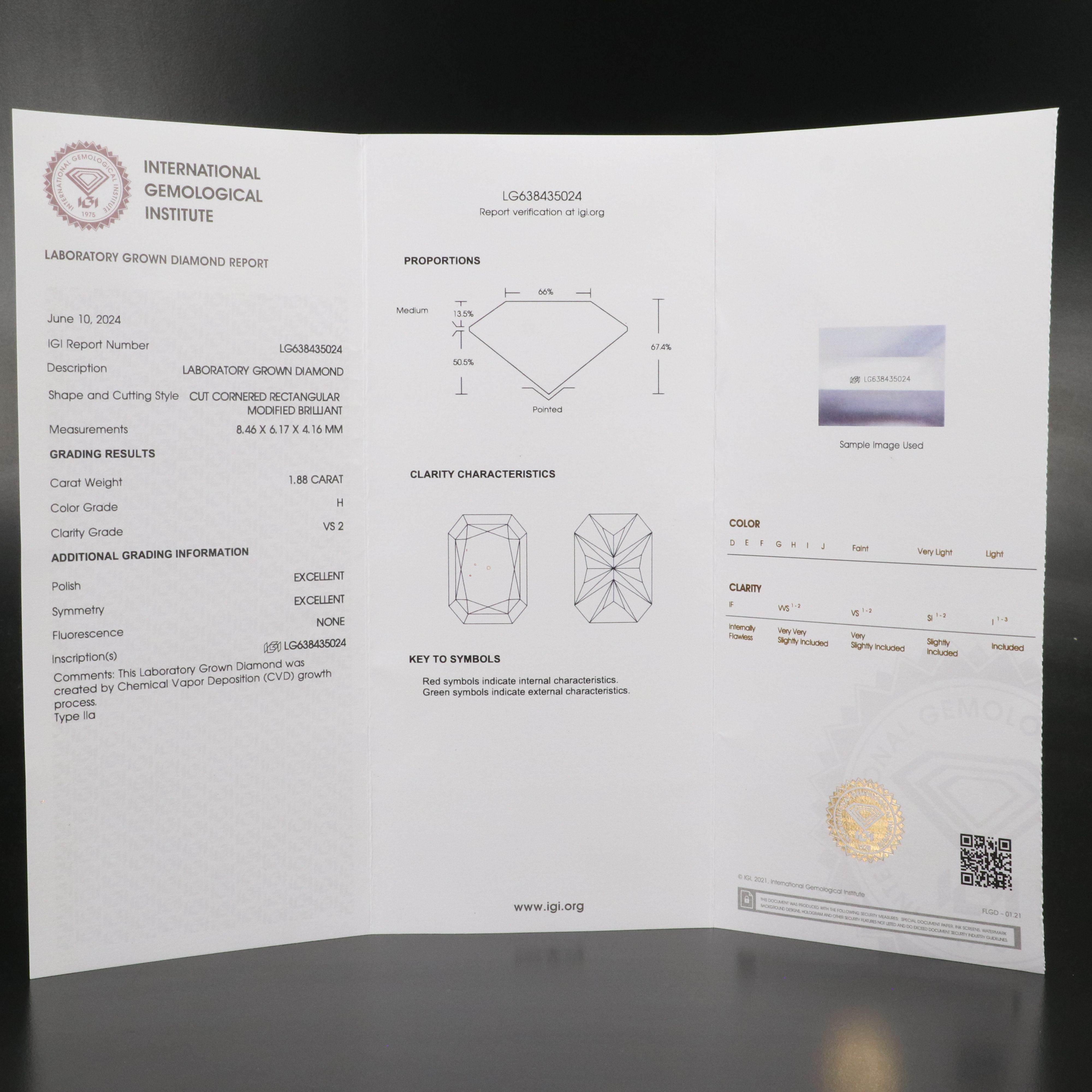 Loose 1.88 CT Lab Grown Diamond with IGI Report