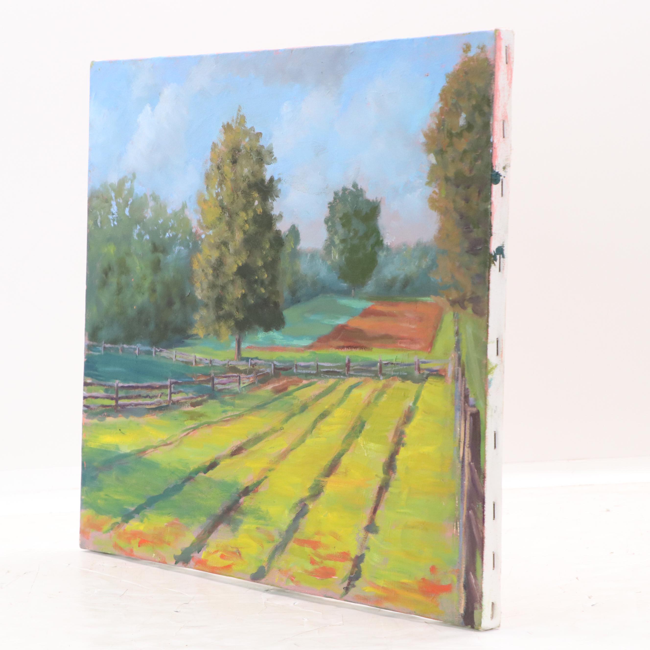 Larry Griggs Farm Landscape Acrylic Painting of Crop Field at Sunset