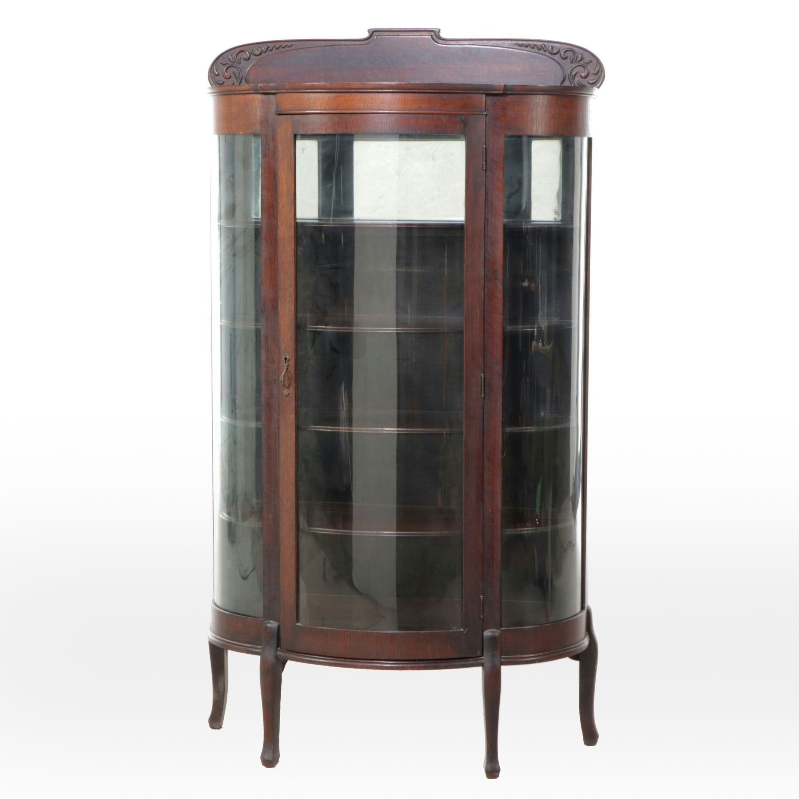 Victorian Carved Oak Curved-Front Display Cabinet, Early 20th Century