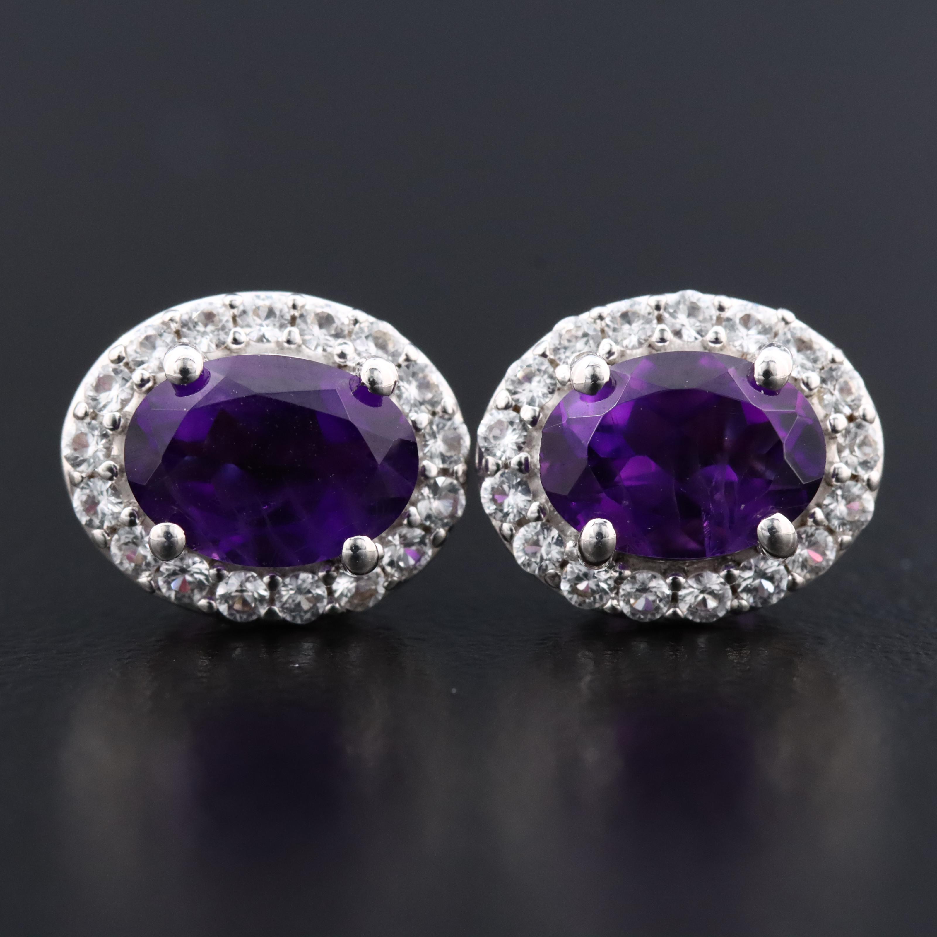 Sterling Amethyst and Sapphire Halo Stud Earrings