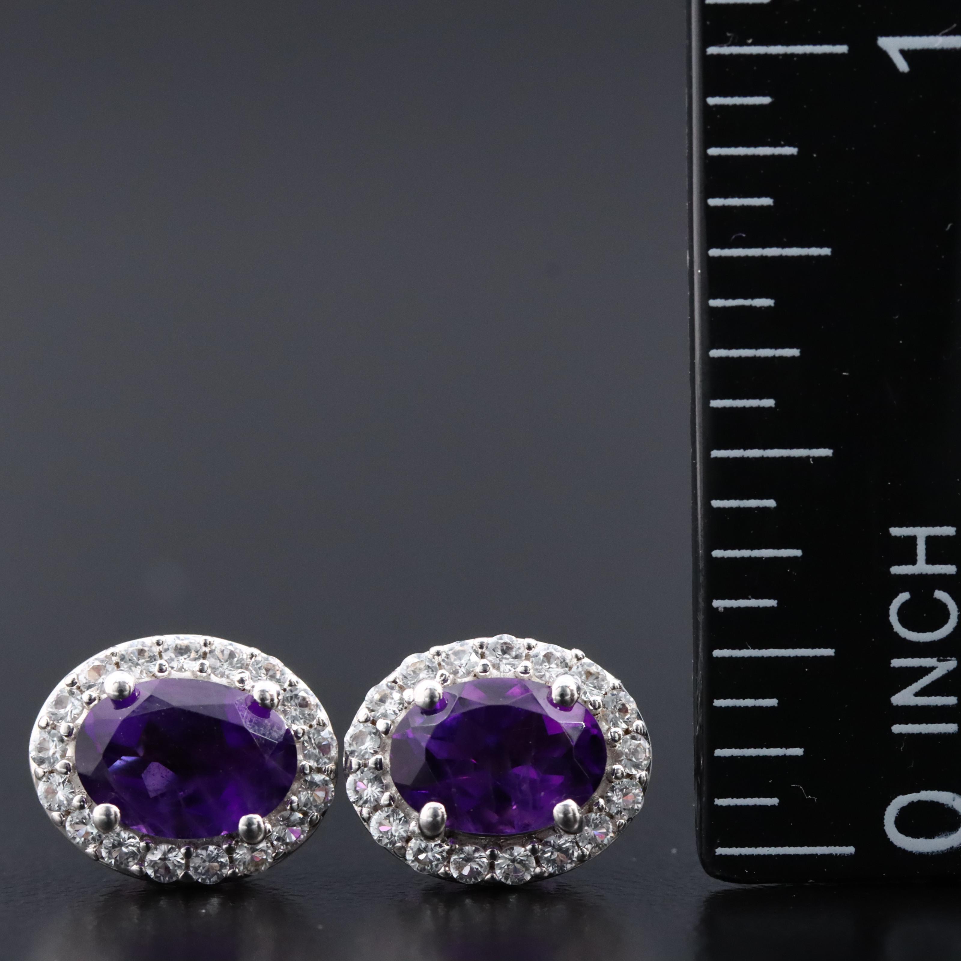 Sterling Amethyst and Sapphire Halo Stud Earrings