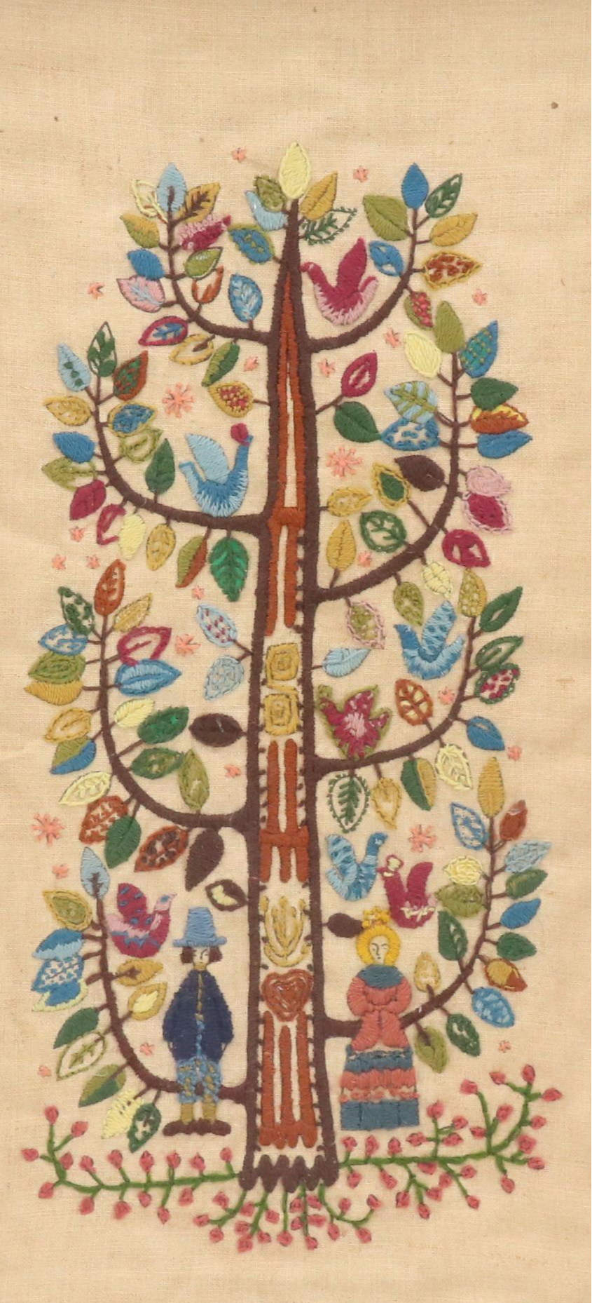 Handmade Embroidery of Folk Art Colonial Couple Under Tree of Life