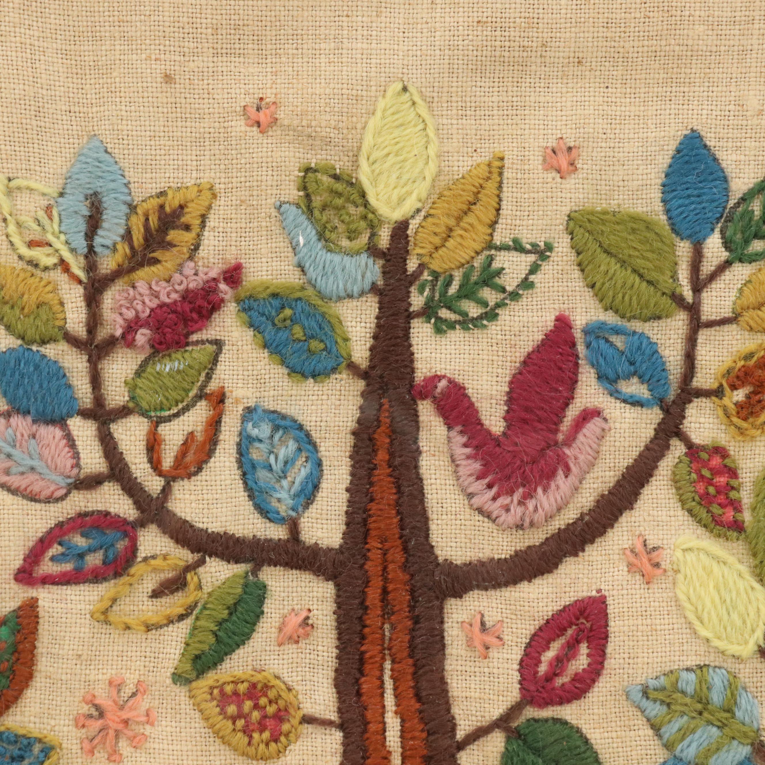Handmade Embroidery of Folk Art Colonial Couple Under Tree of Life