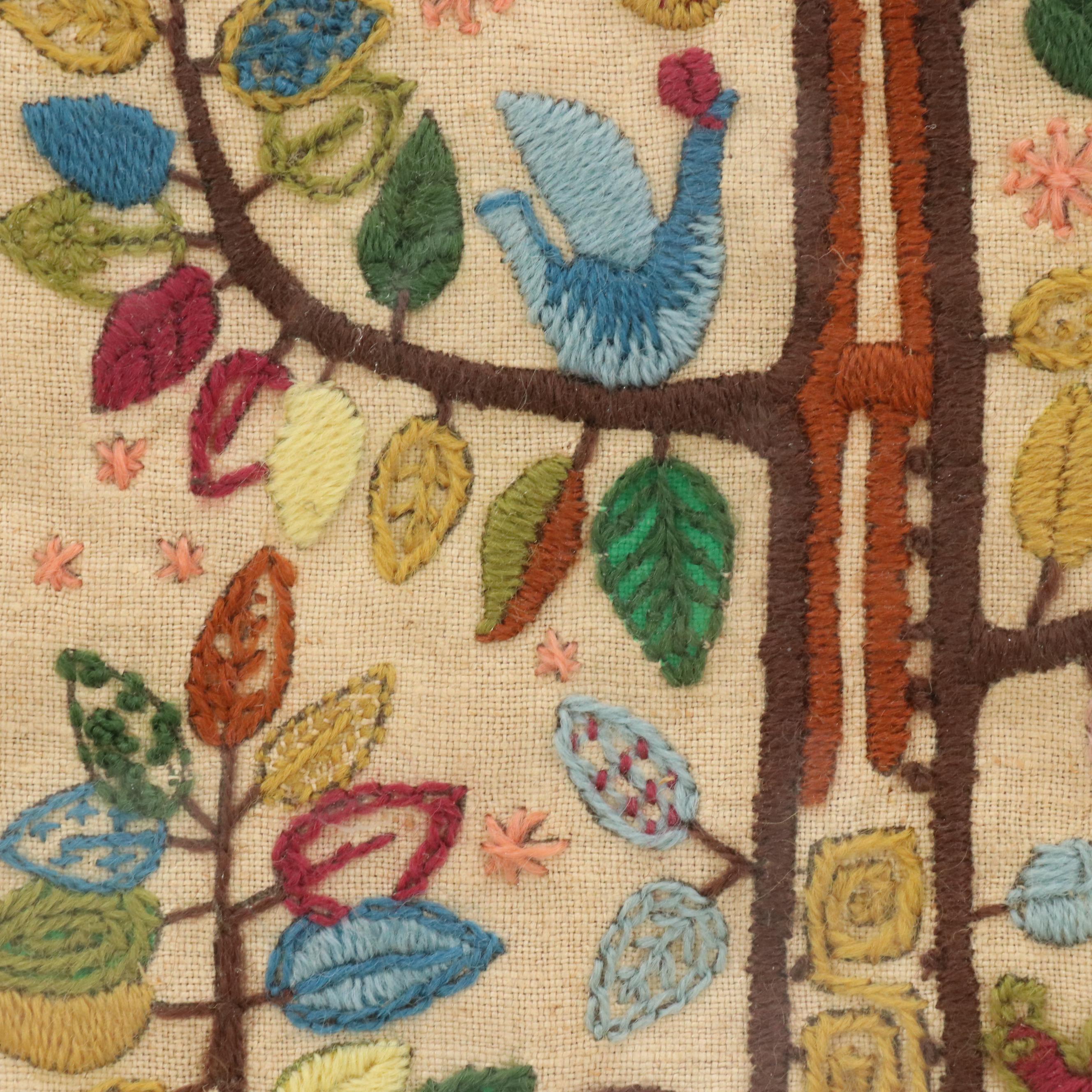 Handmade Embroidery of Folk Art Colonial Couple Under Tree of Life