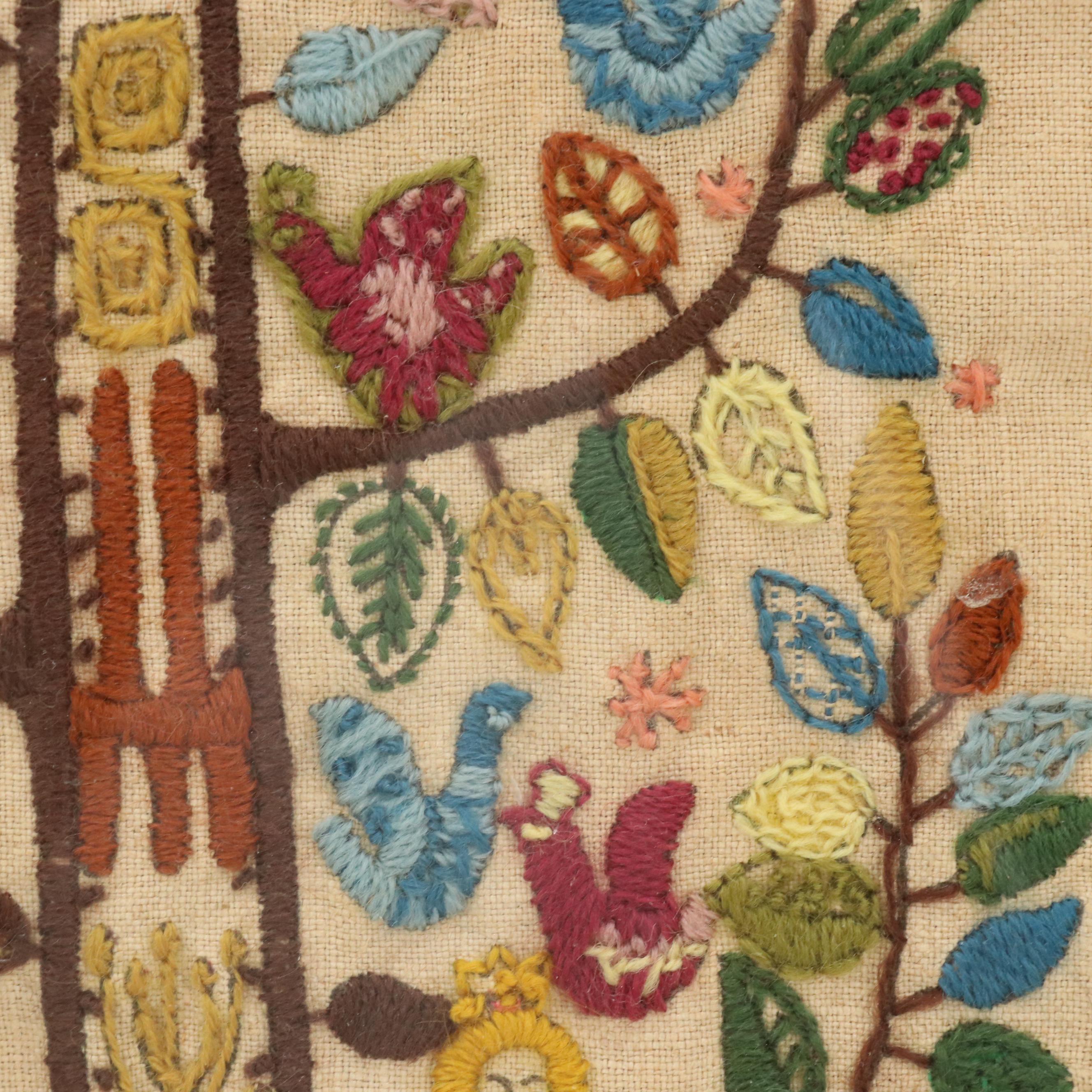 Handmade Embroidery of Folk Art Colonial Couple Under Tree of Life