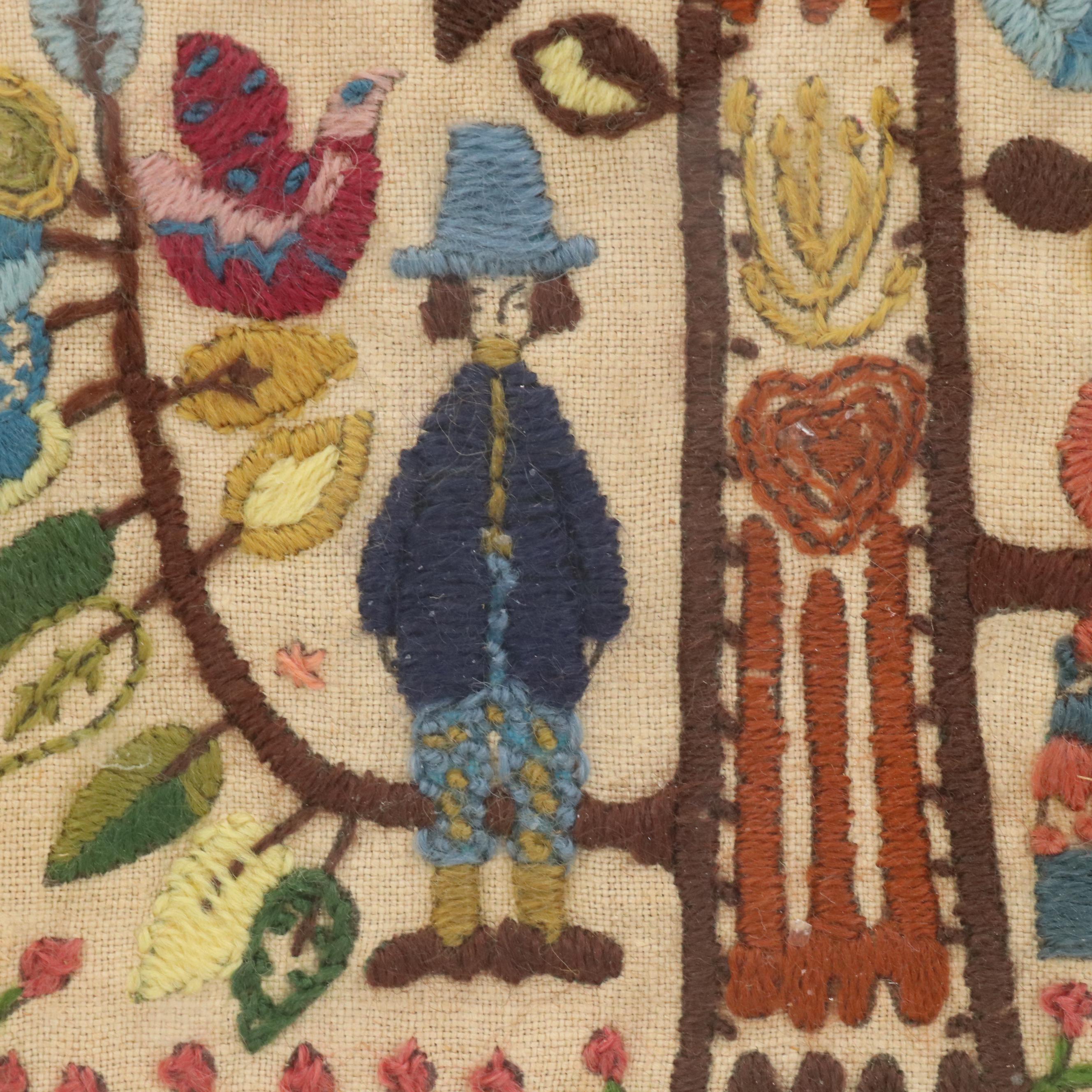 Handmade Embroidery of Folk Art Colonial Couple Under Tree of Life