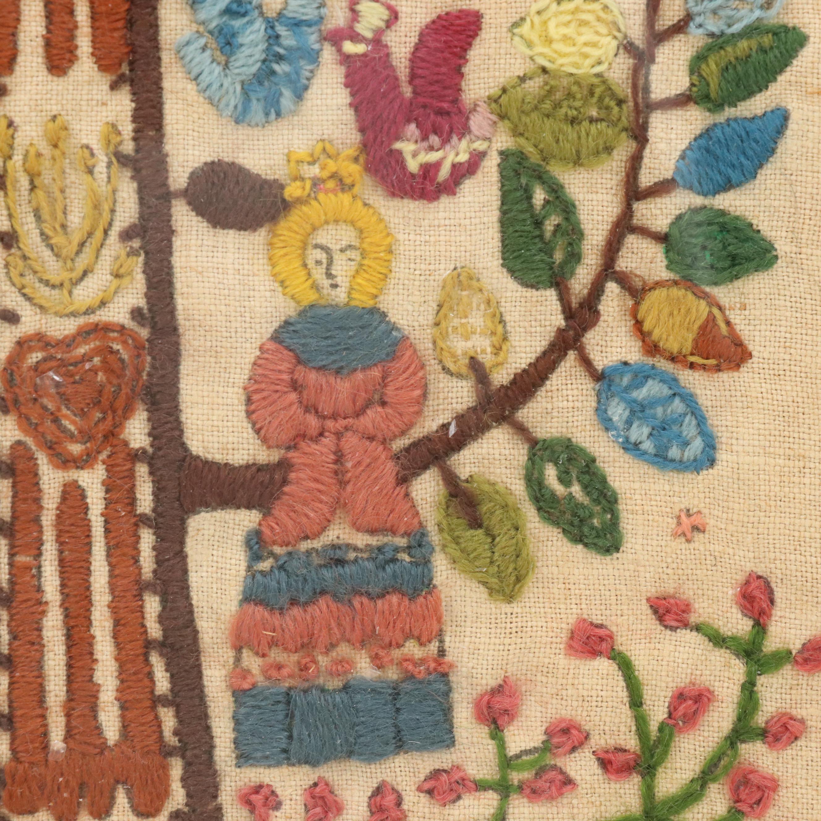 Handmade Embroidery of Folk Art Colonial Couple Under Tree of Life